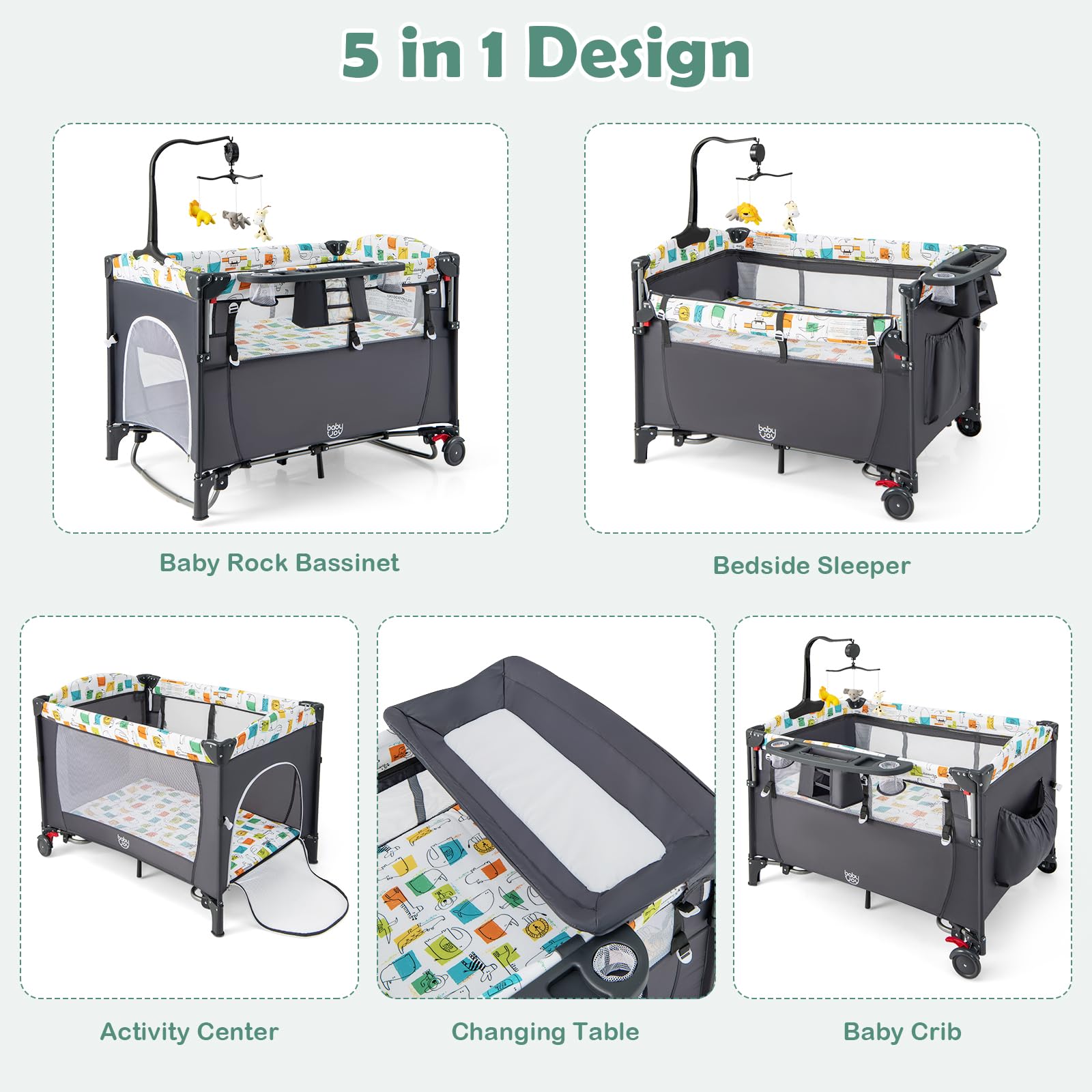 BABY JOY 5-in-1 Pack and Play with Bassinet | Portable Baby Bedside Sleeper & Playard for Newborn to Toddler | U-Shaped Diaper Changer, Safety Strap, Music Box & Hanging Toys | Perfect for Nursery, Travel & On-the-Go Parenting