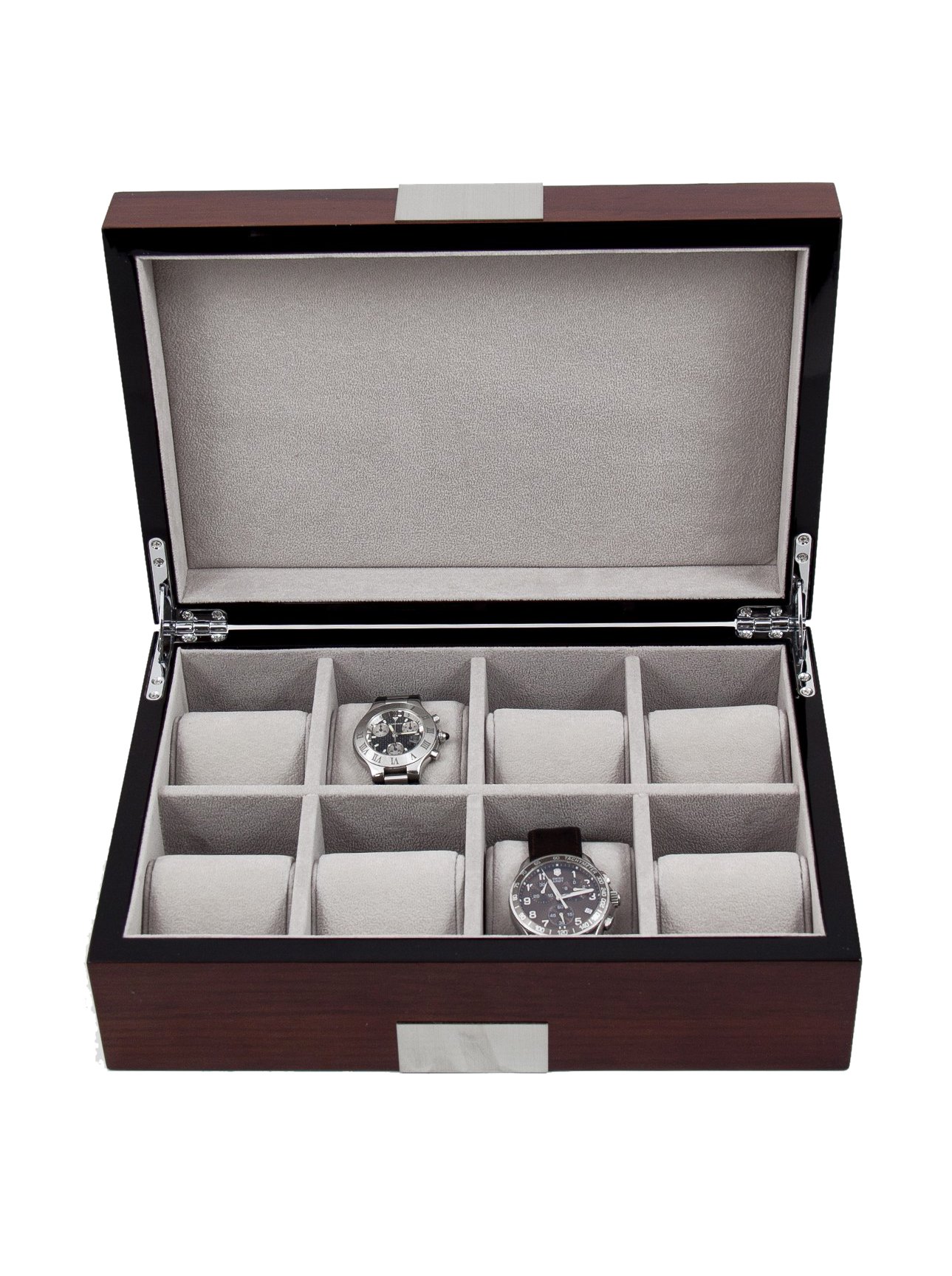 Bey-Berk 8-Slot Lacquered Walnut Wood Watch Box - Luxury Watch Organizer for Men & Women, Jewelry Storage Case for Bracelets & Accessories - Perfect for Home, Office & Travel Display