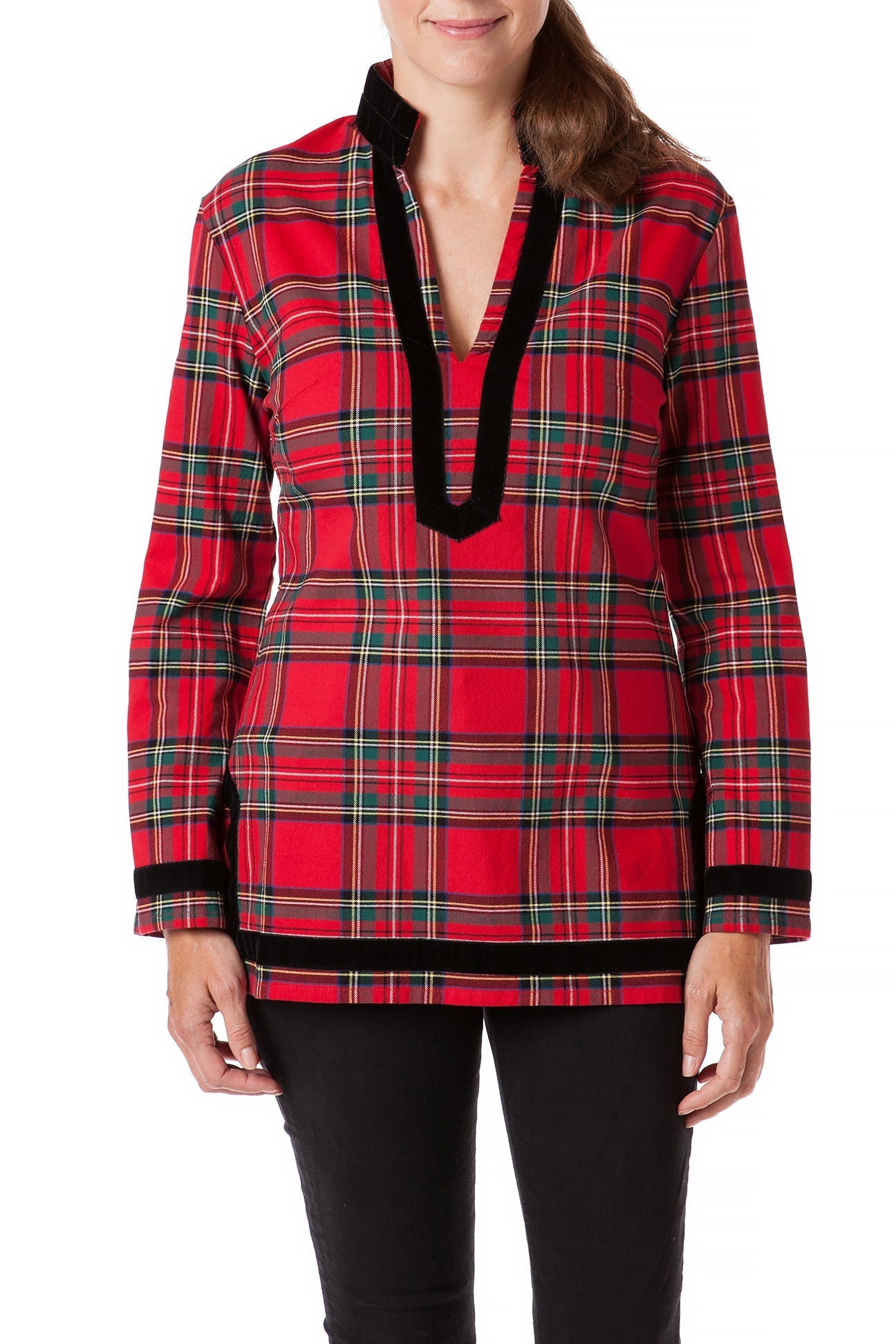 Royal Stewart Tunic Top with Black Velvet Trim - Elegant Women's Blouse for Office, Party & Holiday Wear