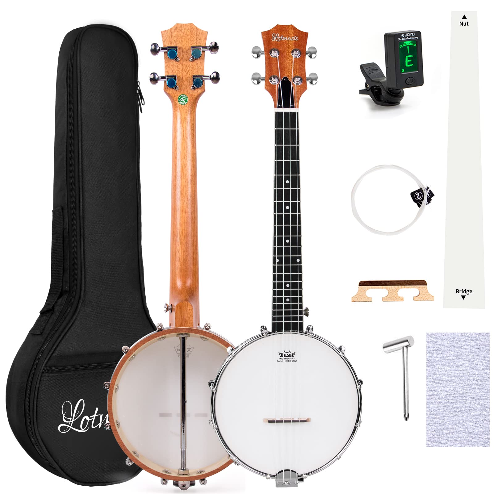 26 Inch Sapele Travel Banjolele 4-String Ukulele with Remo Drumhead & Open Back | Beginner Kit Includes Extra Strings, Allen Wrench, Tuner, Sandpaper, Ruler & Carry Bag | Perfect for Travel, Camping & Outdoor Music Performances