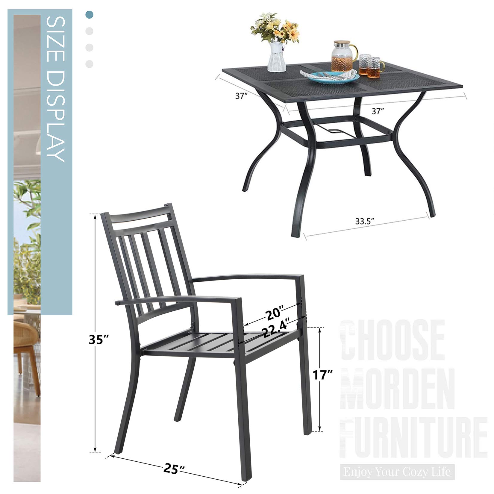 MFSTUDIO 5-Piece Outdoor Patio Dining Set - 4 Stackable Metal Slat Arm Chairs & 1 Square Metal Table - Durable Garden Furniture for Backyard, Lawn, Poolside & BBQ Gatherings