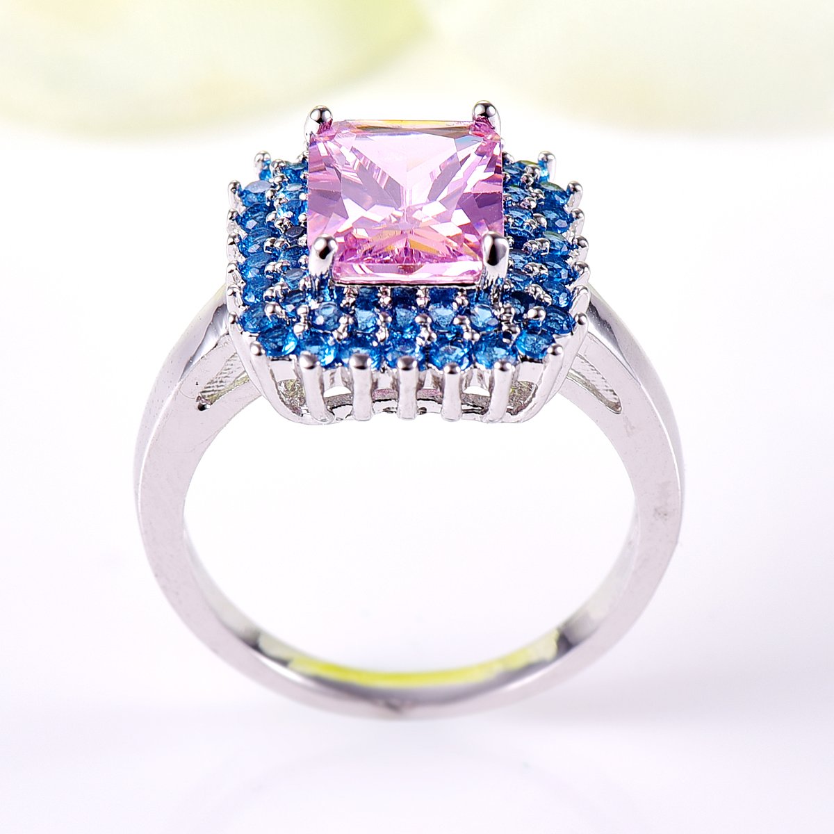 925 Sterling Silver Plated Rainbow Topaz Double Halo Ring for Women - Elegant Simulated Gemstone Jewelry for Engagement, Anniversary & Special Occasions