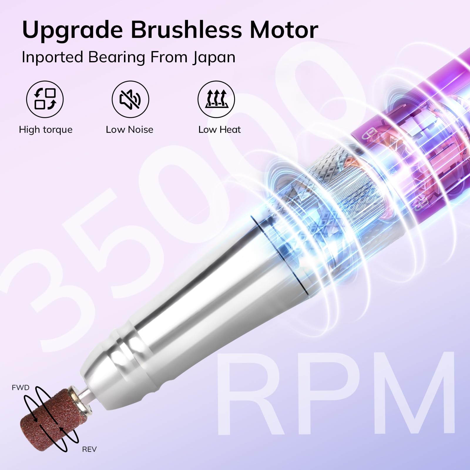 Belle Professional Nail Drill Machine - 35000RPM Brushless Motor, Cordless Rechargeable Nail File for Acrylic & Gel Nails with Diamond Charging Base & Carrying Case (Bling Purple) | Perfect for Salon, Home Manicures & Nail Art DIY