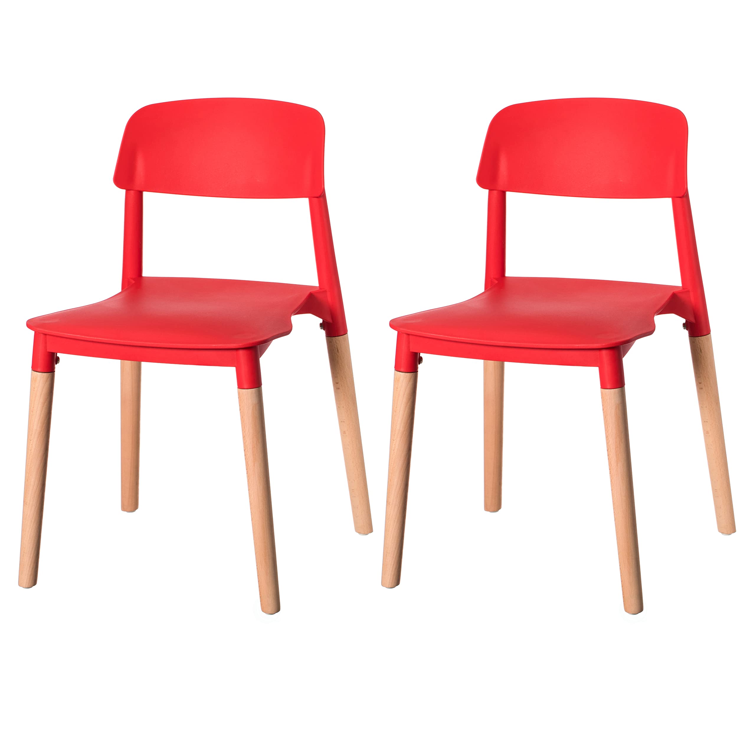 Fabulaxe Modern Plastic Dining Chairs with Beech Wood Legs - Set of 2 Red Contemporary Kitchen Chairs for Dining Room, Breakfast Nook & Outdoor Patio