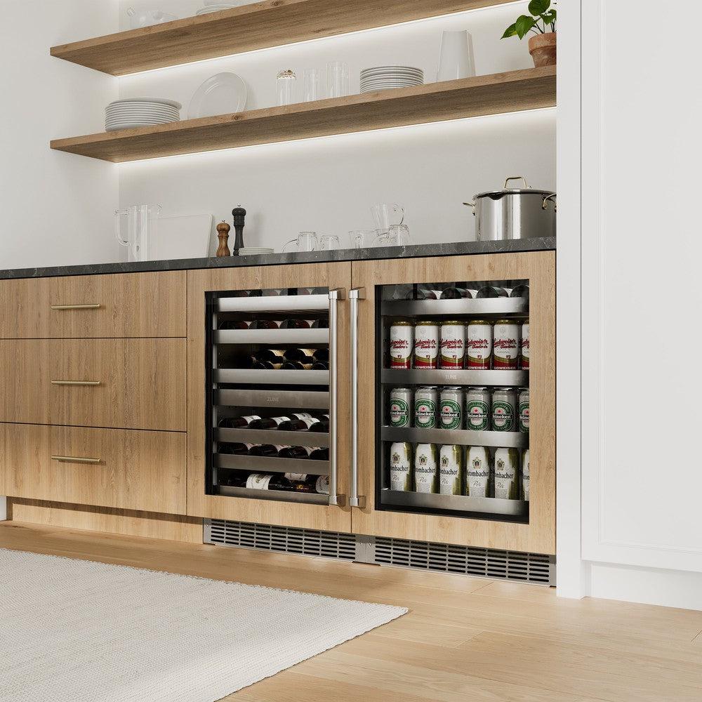 ZLINE 24 Inch Stainless Steel Built-In Beverage Refrigerator with Glass Door - Panel Ready Under Counter Beer & Wine Cooler for Kitchen, Bar, or Home Theater (Model RBSPO 24)