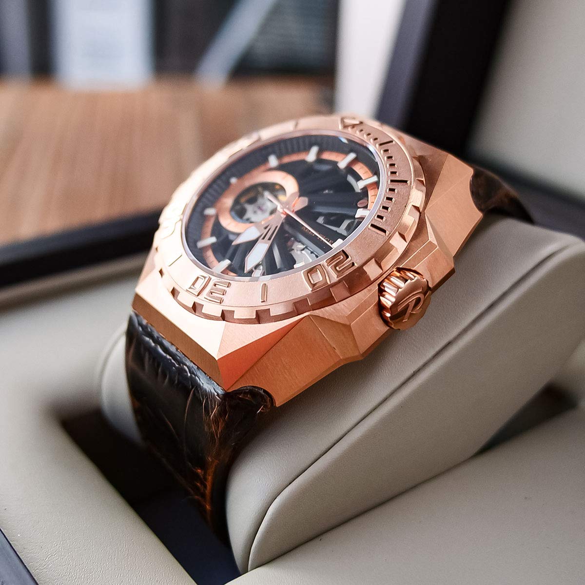 REEF TIGER Men's Skeleton Automatic Diving Watch - Military Style Mechanical Watch with Leather Strap RGA6903-S - Perfect for Scuba Diving, Outdoor Adventures & Formal Occasions