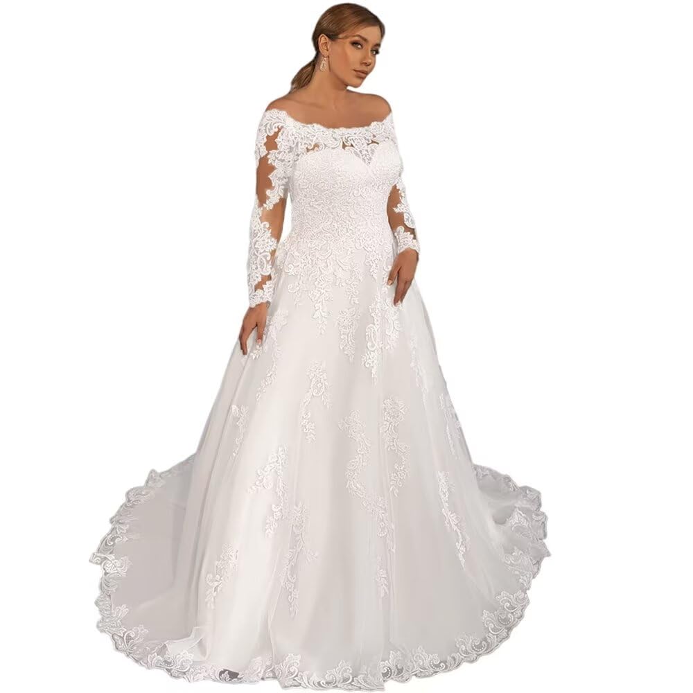 XYAYE Long Sleeve Lace Wedding Dress for Bride - Off Shoulder Puffy Tulle Bridal Gown with Elegant Embroidery | Perfect for Church Ceremony, Beach Wedding & Romantic Photoshoot