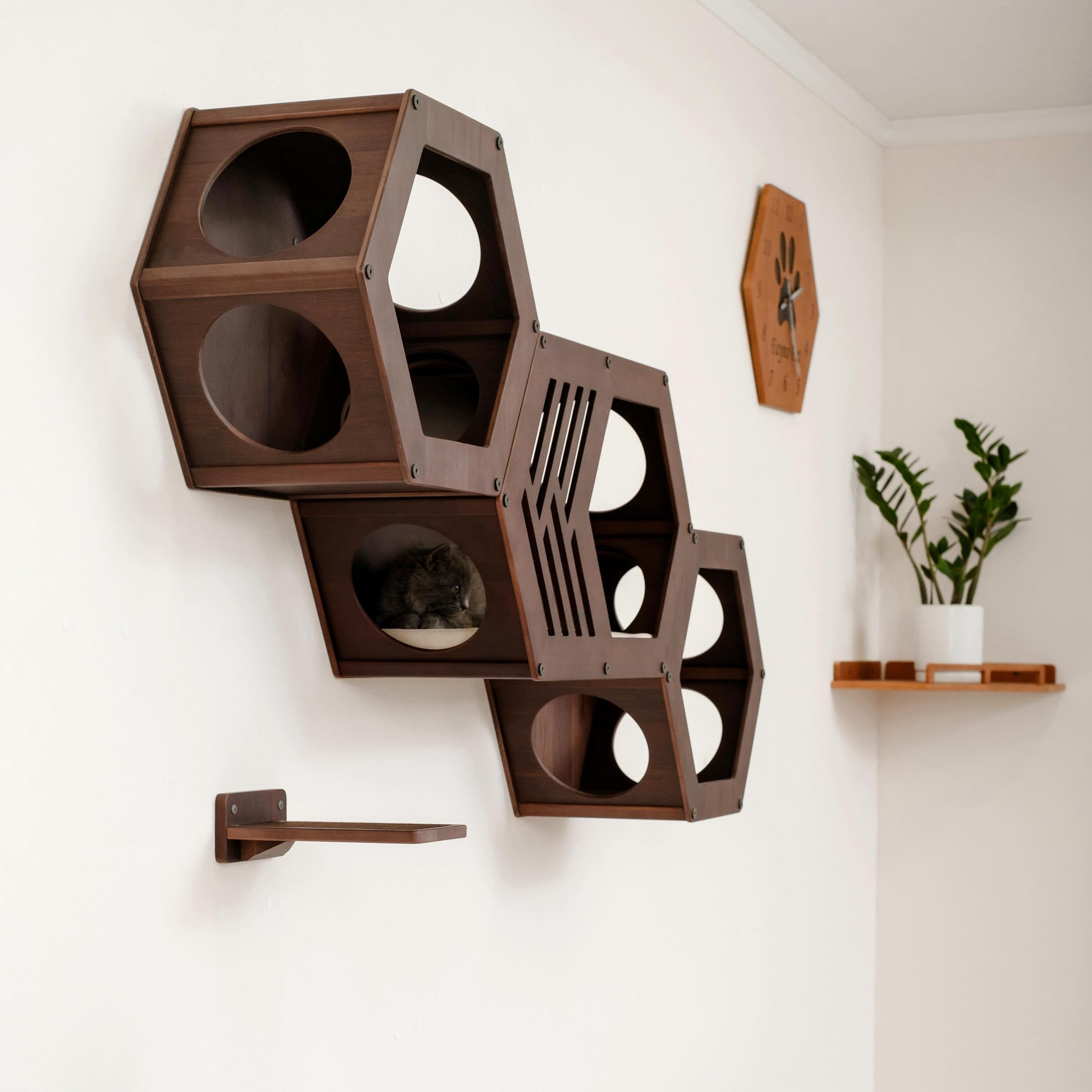 Hexagon Cat Wall Shelf - Modern Cat Furniture with Large Cat Bed & Play Tower - Perfect for Indoor Cat Climbing, Lounging & Playtime