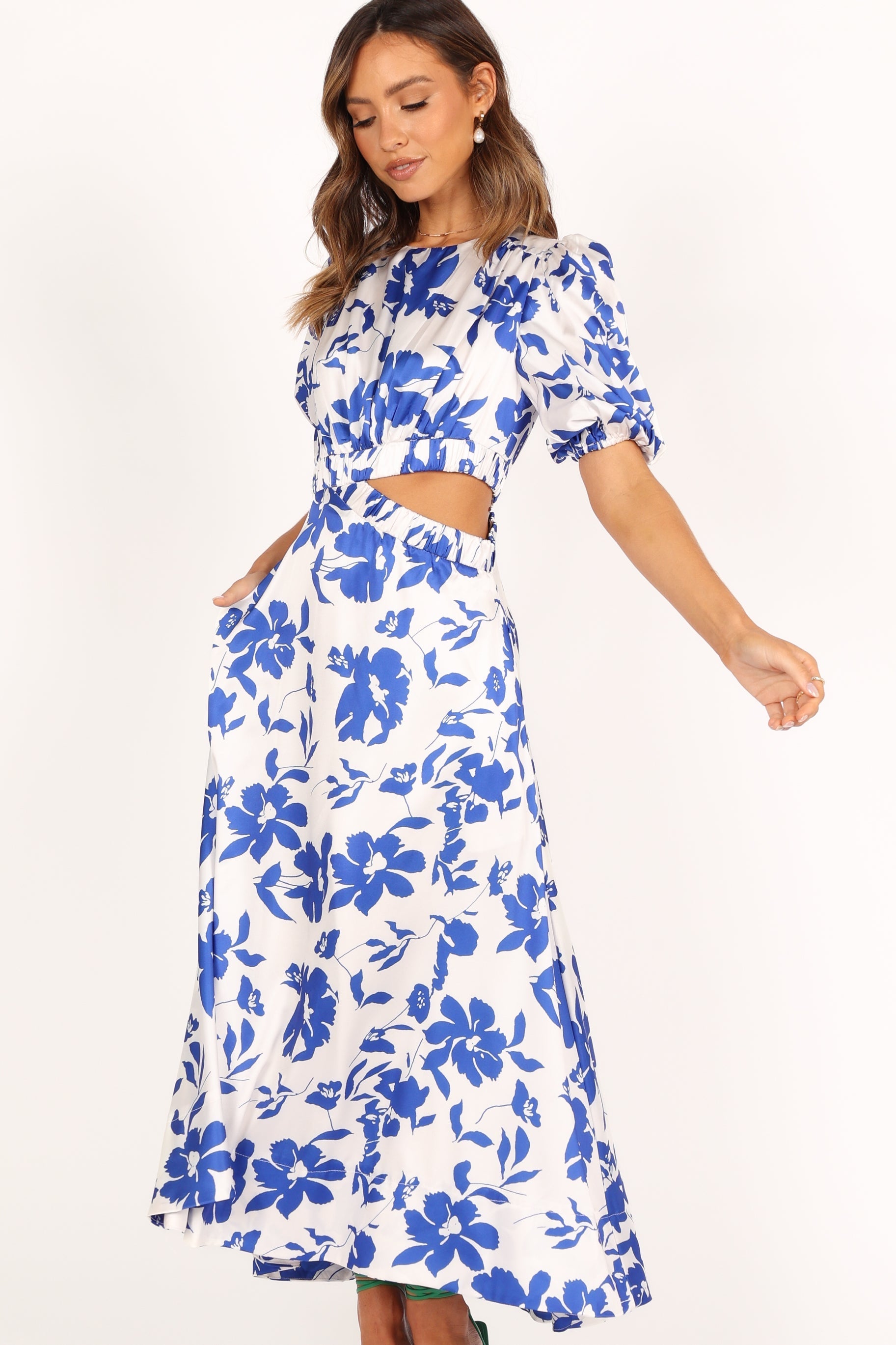 Aminah Women's Puff Sleeve Floral Dress - Blue Floral Print Summer Dress for Casual Wear, Parties & Special Occasions