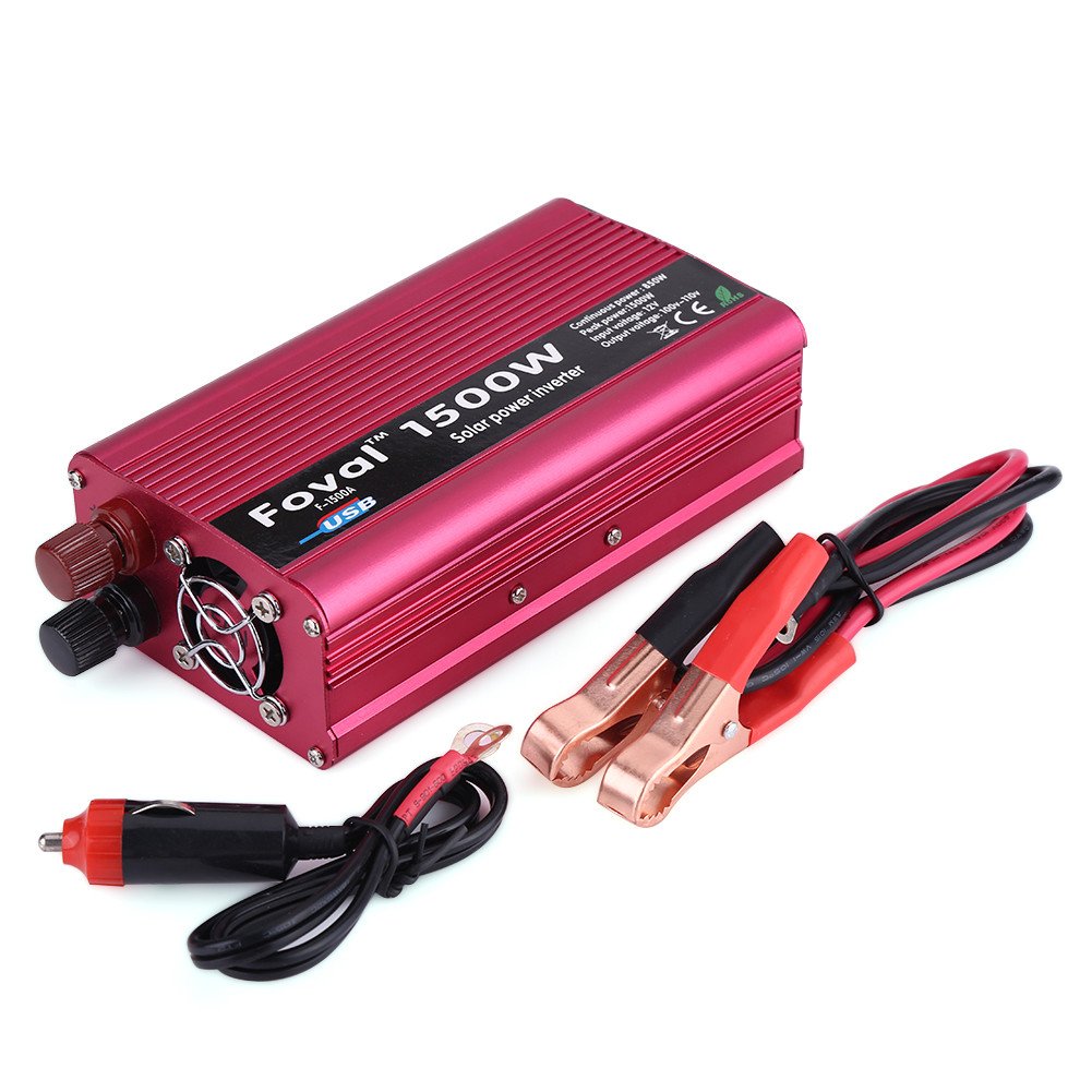 Yosoo 1500W Power Inverter DC 12V to AC 110V with Cigarette Lighter Plug & Battery Clips - Portable Car Power Converter for Laptops, CPAP Machines, Small Appliances (Red)