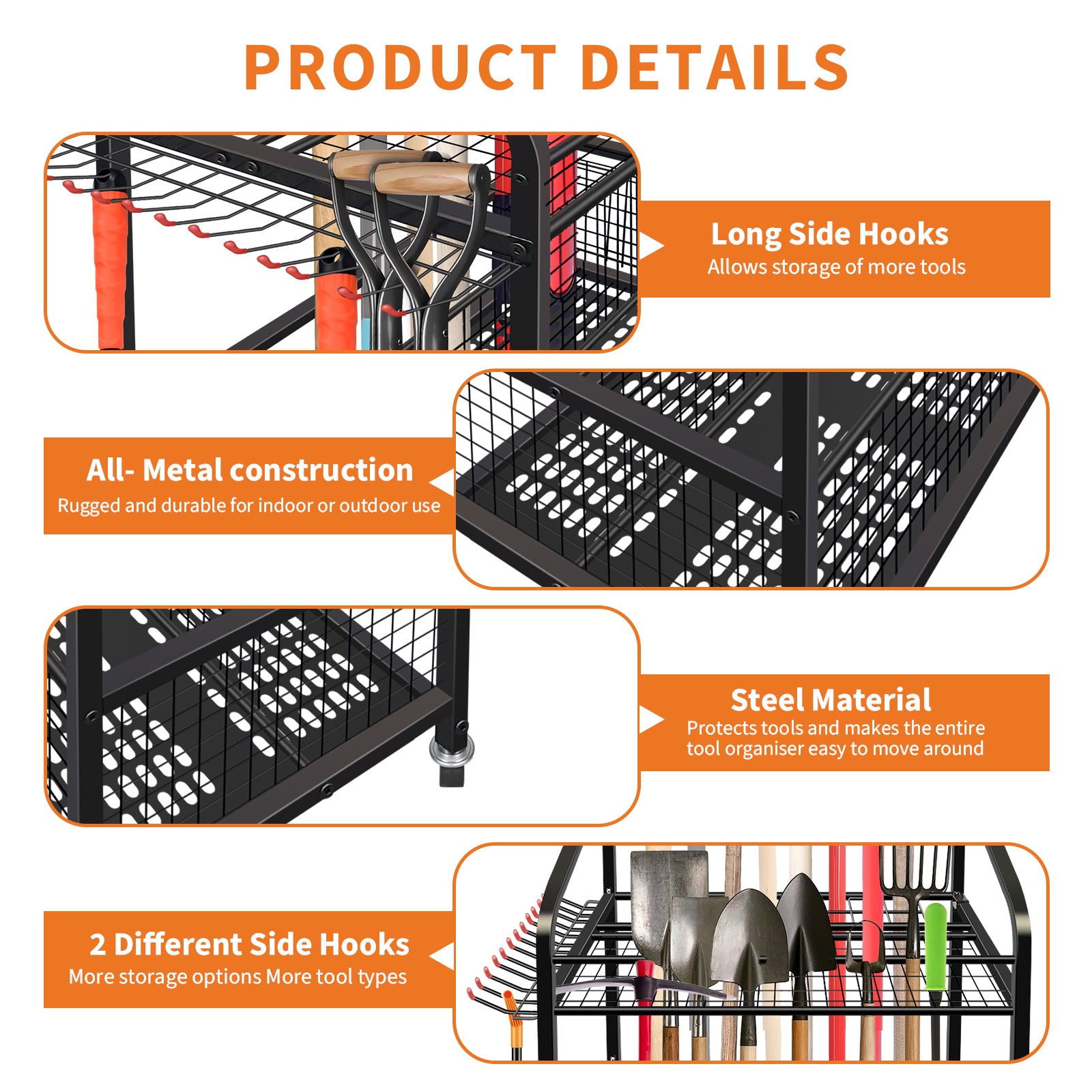 GARVEE 26×16×38 Inch Heavy Duty Metal Garden Tool Organizer with Wheels - Yard Tools Storage Stand for Garage, Shed & Outdoor Use - Perfect for Organizing Rakes, Shovels & Gardening Equipment (Black)