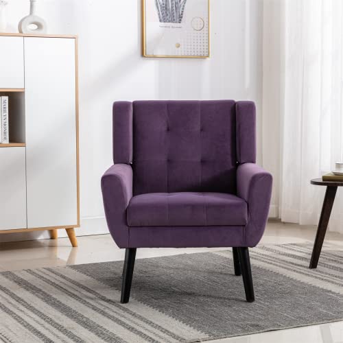 Mid-Century Modern Accent Chair - Upholstered Ergonomic Armchair with Wooden Legs for Living Room, Bedroom & Apartment | Comfortable Reading & Lounge Chair in Purple | Perfect for Coffee Nooks, Study Areas & Relaxation Spaces
