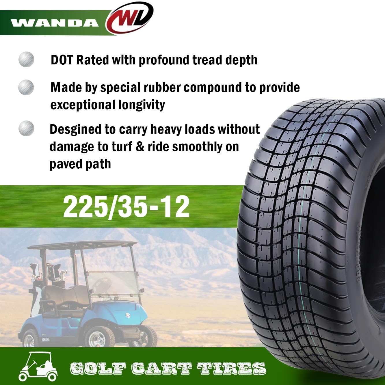 WANDA 225/35-12 Golf Cart & ATV Tires - 4 Ply All-Terrain 225/35x12 Tires (Set of 4) - Premium Traction for Golf Carts, Utility Vehicles & Off-Road Adventures
