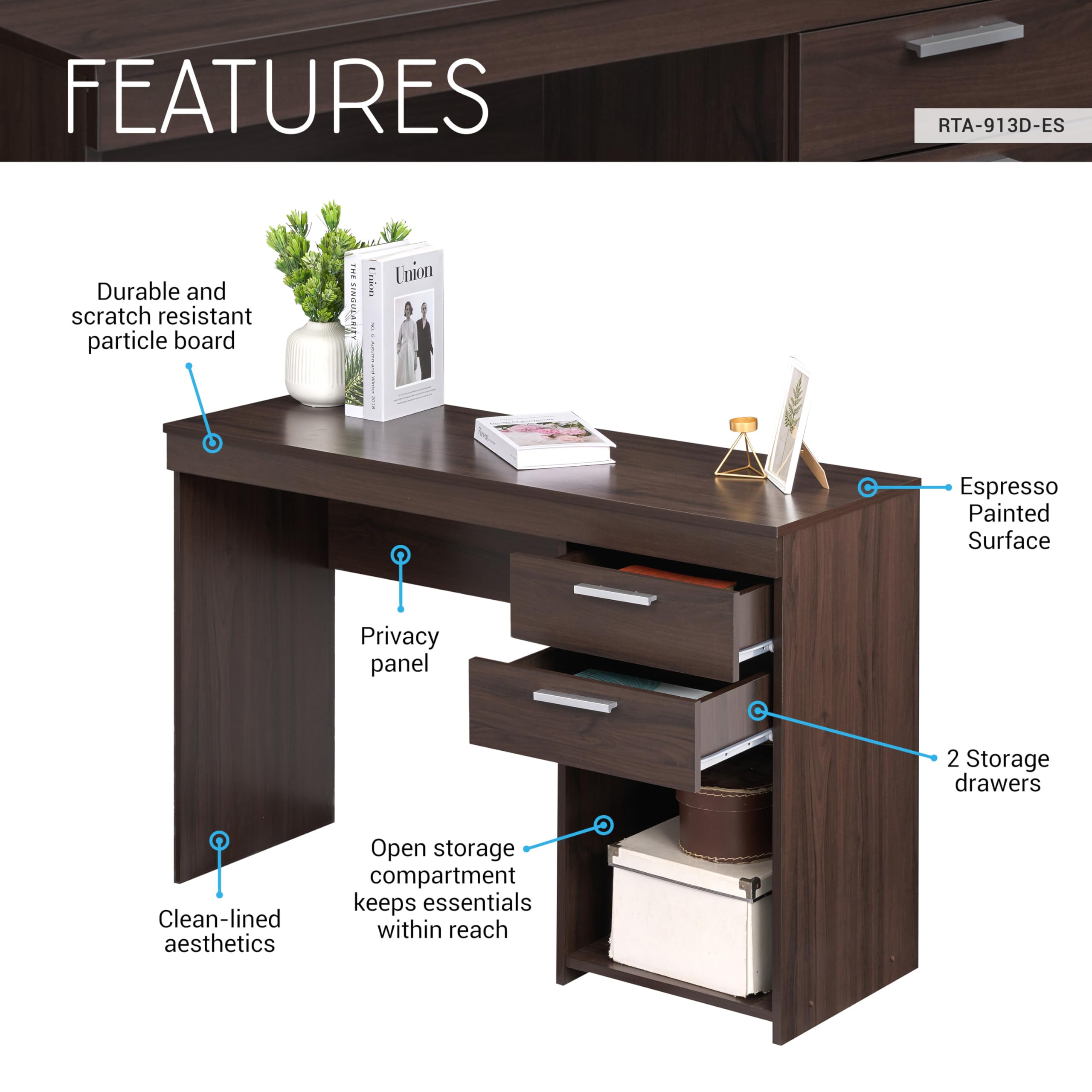 Techni Mobili 48 Inch Modern Computer Desk with Storage Drawers - Compact Home Office Desk for Small Spaces, Bedroom Study Desk in Espresso Brown - Perfect for Remote Work, Gaming & Online Learning