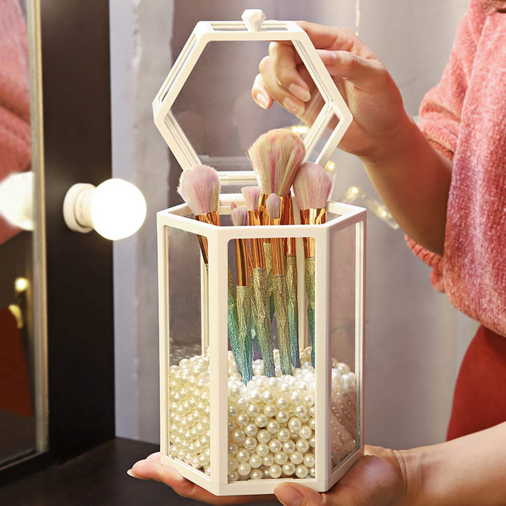 QBLDX Clear Glass Makeup Brush Holder with Lid - Dustproof Cosmetic Brush Organizer with Pearls | Vanity, Countertop, Dresser & Bathroom Storage | Hexagon Design for Beauty Tools Organization