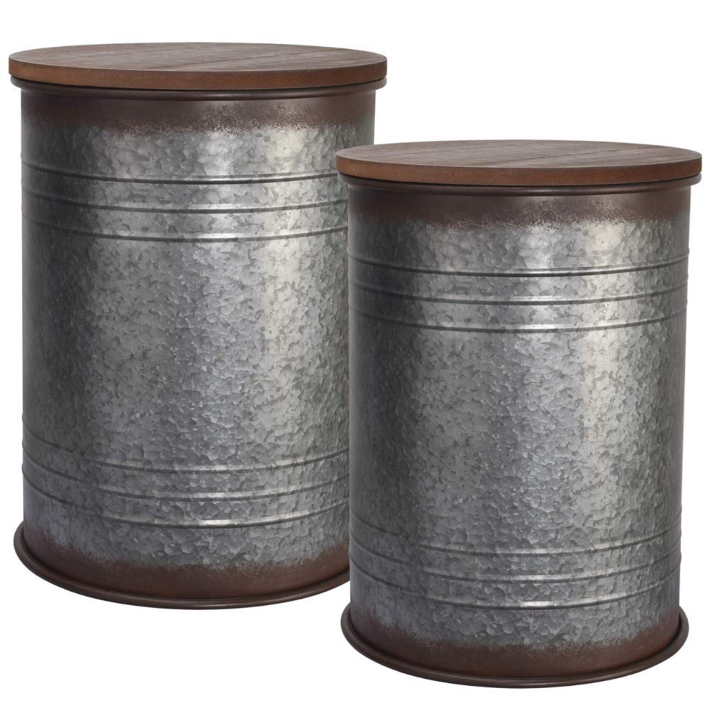 Hallops Farmhouse Accent Side Table - Rustic Galvanized Metal Coffee Table with Wood Top | Storage Ottoman Bench for Living Room, Bedroom & Patio | Farmhouse Decor Furniture Set of 2 in Distressed Brown Finish