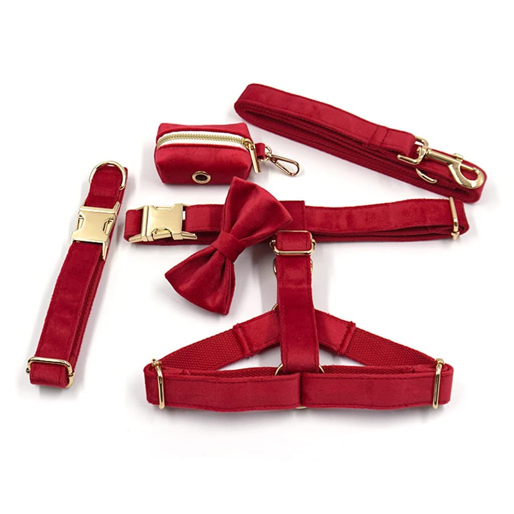 KGEZW Red Velvet Dog Harness Set - 5pcs Personalized Pet Accessories with Bowtie Collar, Leash & Poop Bags | Functional Dog Walking Gear for Small Medium Large Dogs | Perfect for Daily Walks, Training & Outdoor Adventures