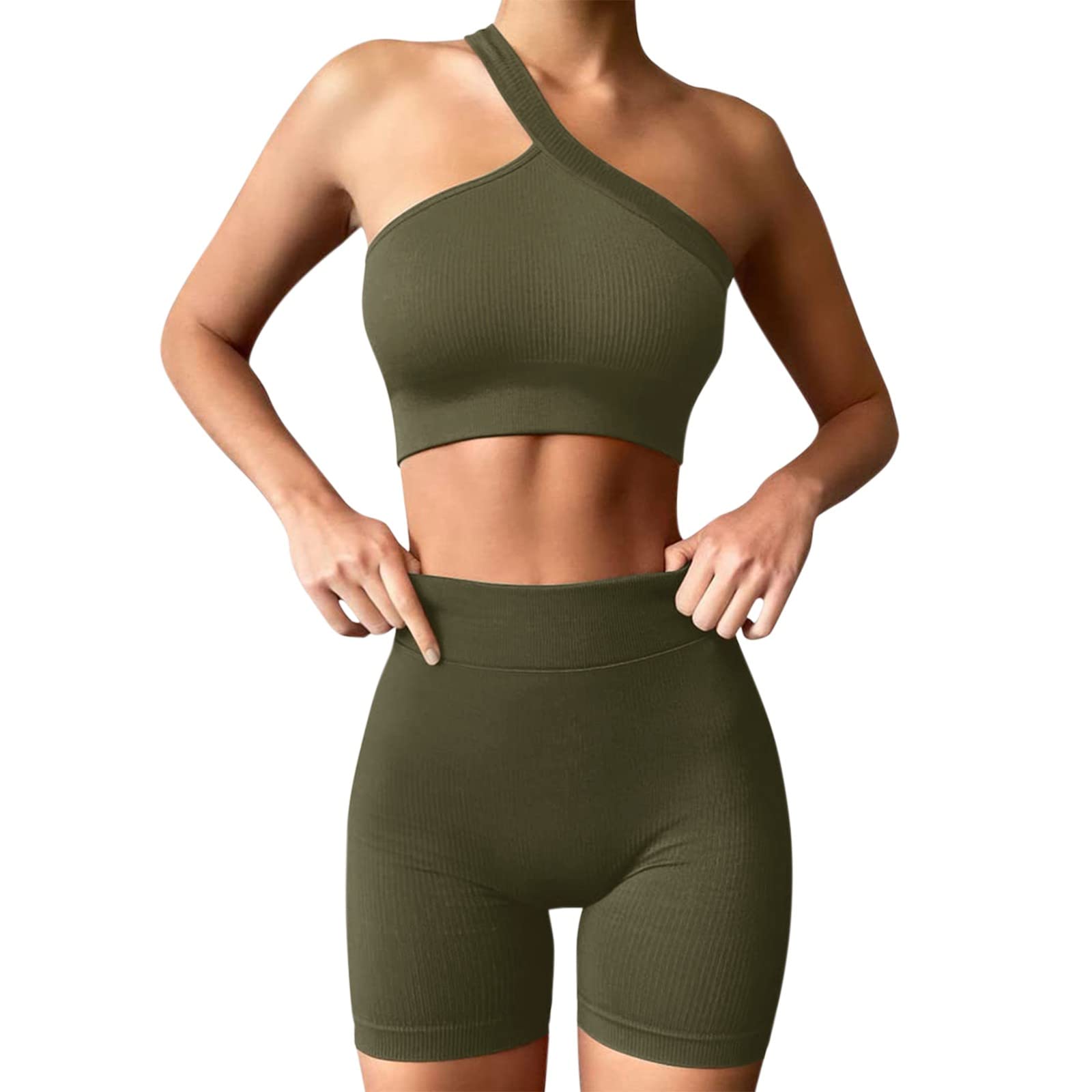 Women's Seamless 2-Piece Yoga Set - Ribbed Tank Top & High Waist Shorts Workout Outfit (Army Green, Medium) | Perfect for Yoga, Pilates, Gym & Lounge Wear