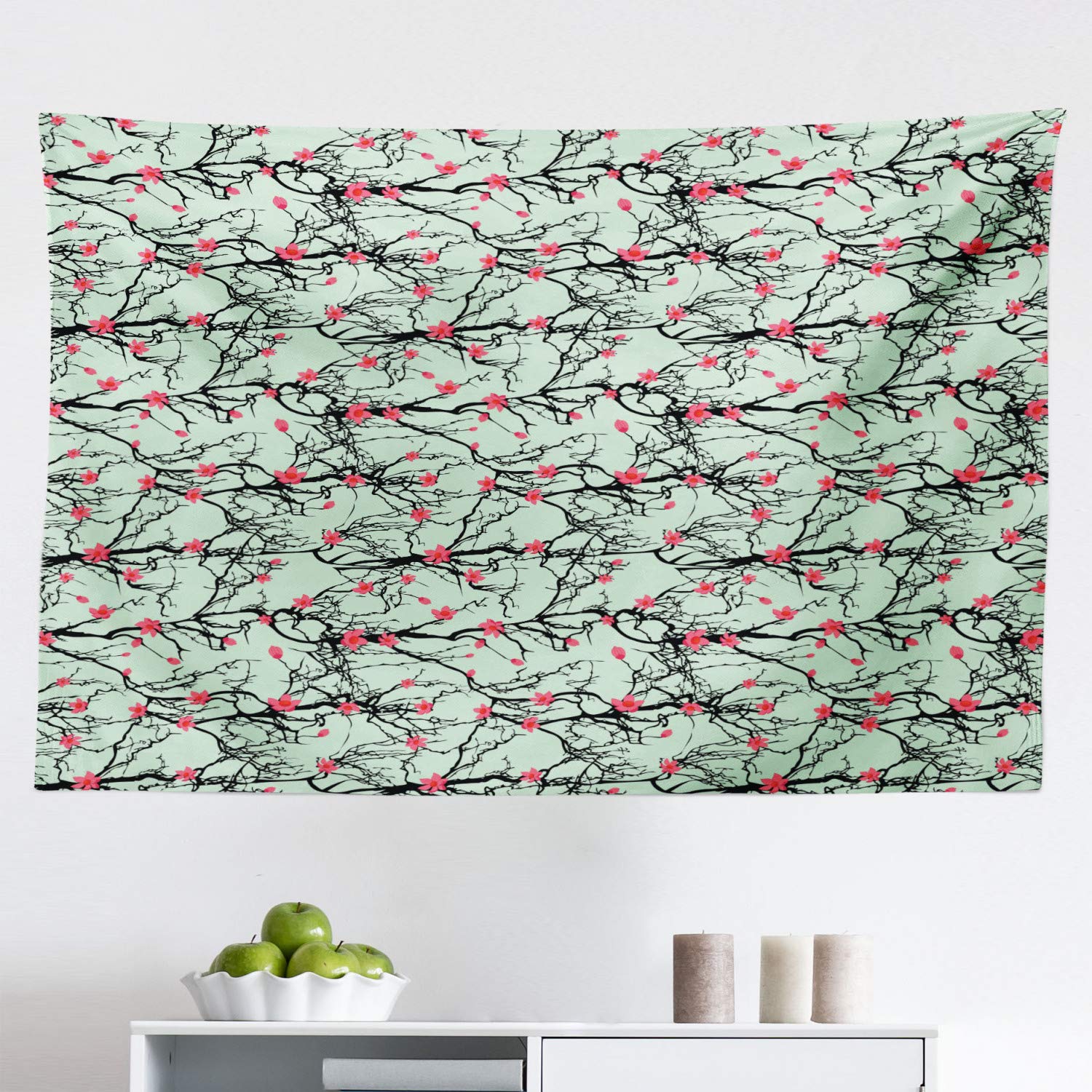 Ambesonne Floral Tapestry Wall Hanging - Japanese Cherry Blossom Sakura Silhouette with Branches & Flowers - 45x30 Inch Fabric Decor for Bedroom, Living Room, Dorm - Mint Green & Pink - Perfect for Boho Home Decor, Meditation Spaces & Gift Ideas