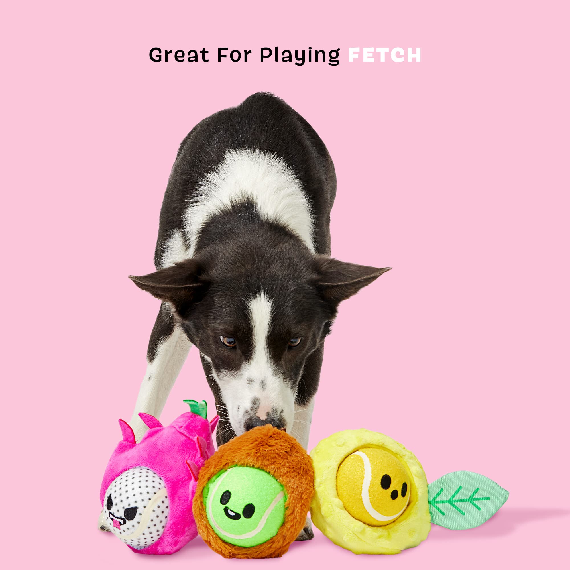 **Barkbox Dog Toys – Fruity Cutie Tropical Trio Squeaker Ball Interactive Chew Toys – Durable & Tough Tennis Balls for Training, Exercise & Boredom Relief – Stimulating Plush Toys for Large Breed Dogs – Perfect for Playtime, Fetch & Mental Stimulation**