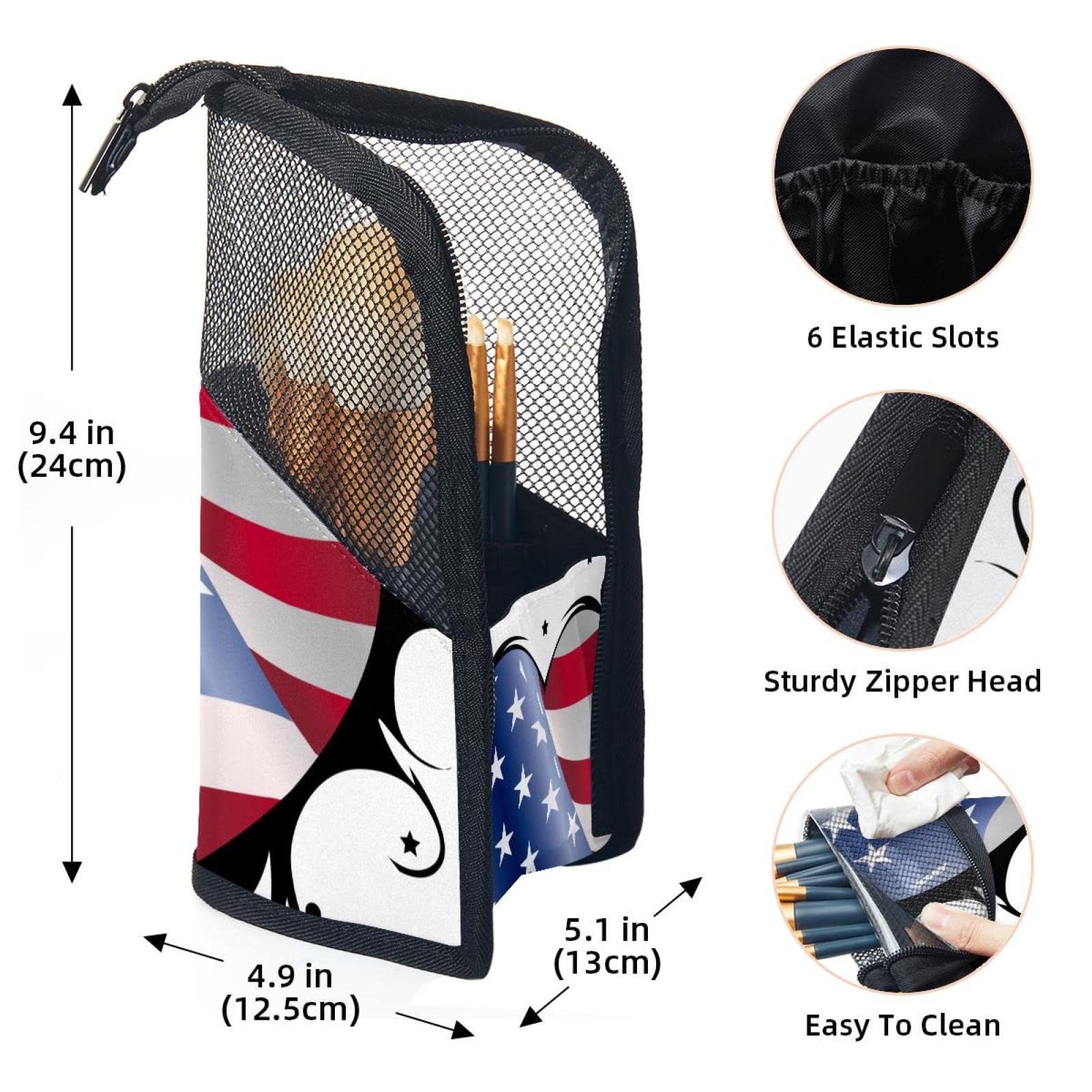 American Flag Print Makeup Brush Organizer Bag with 12 Brushes - Portable Heart Design Cosmetic Brush Holder Case for Travel, Home & Professional Makeup Artists