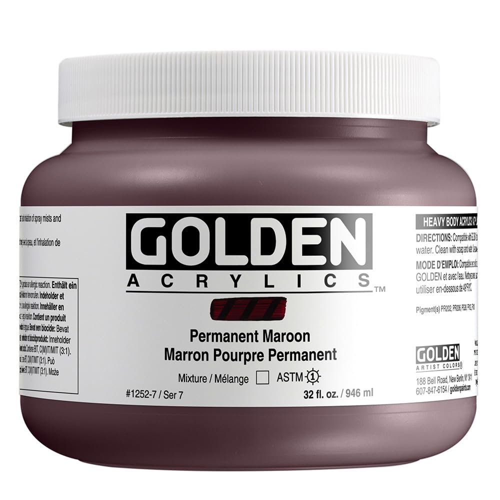 GOLDEN Heavy Body Acrylic Paint - Permanent Maroon (32 fl oz Jar) | Professional Grade Transparent Acrylics for Canvas Painting, Murals & Fine Art
