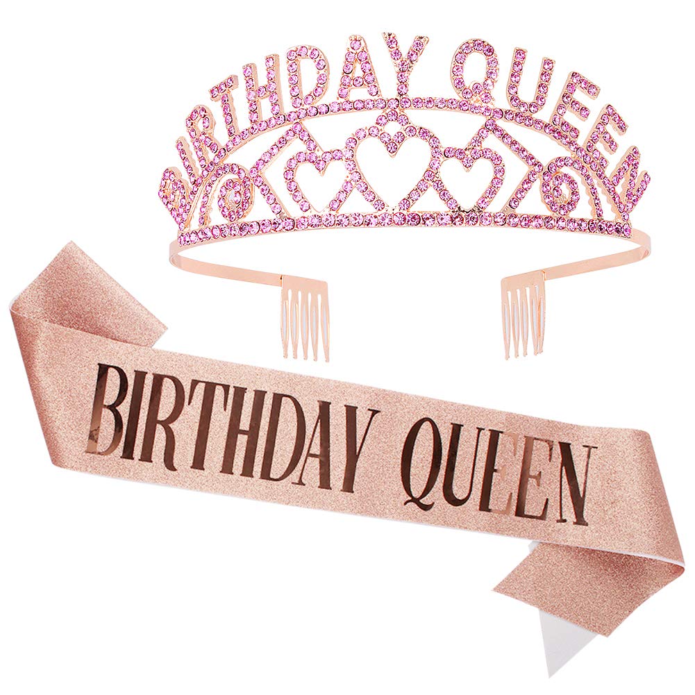 Semato Rose Gold Glitter Sash & Rhinestone Tiara Set - Princess Birthday Crown & Party Decor for Girls | Perfect for Birthday Celebrations, Princess-Themed Parties & Special Occasions