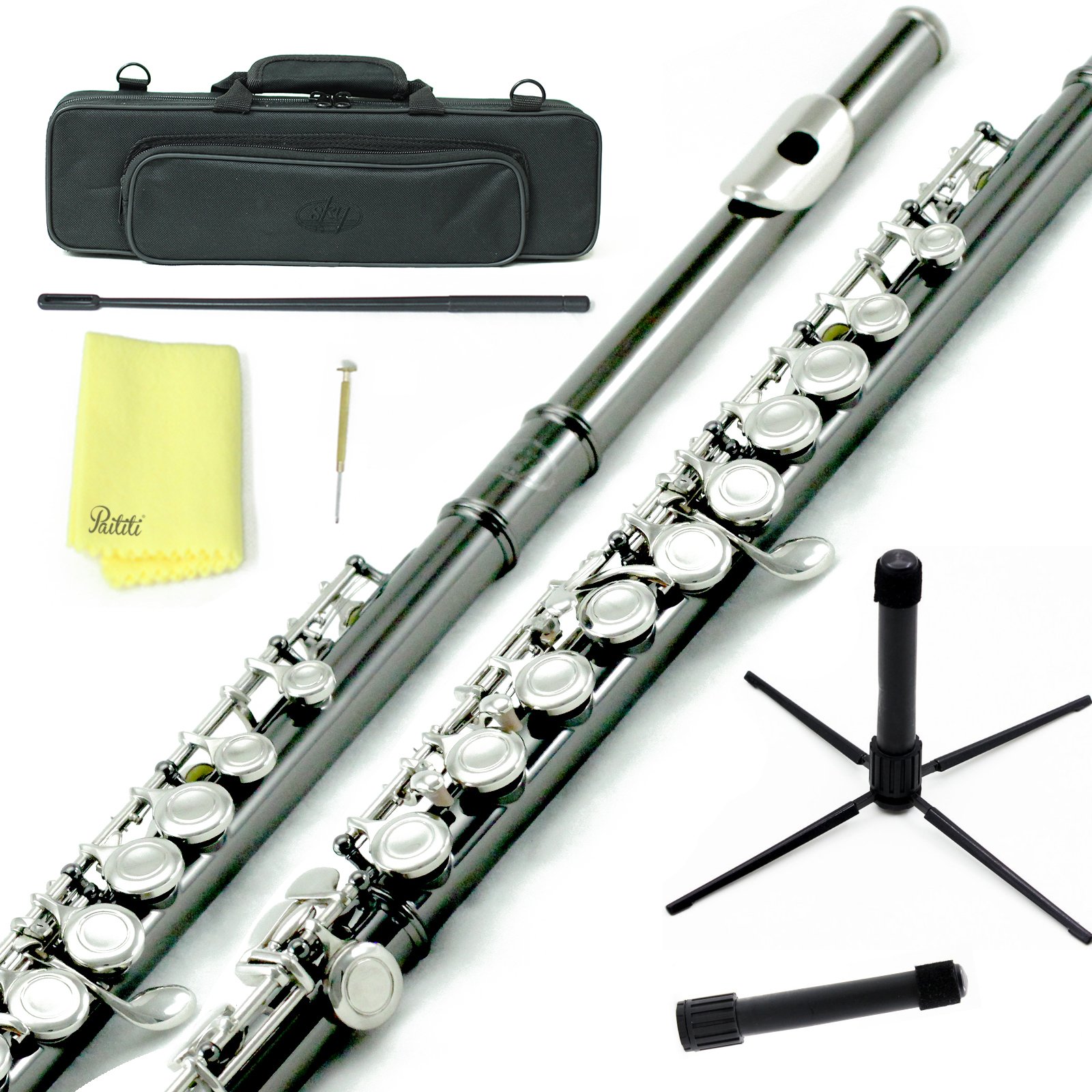 Professional Sky C Flute with Lightweight Case - Includes Cleaning Rod, Cloth, Joint Grease & Screwdriver | Chrome/Silver Closed Hole Design | Perfect for Beginners, Students & Professional Performances