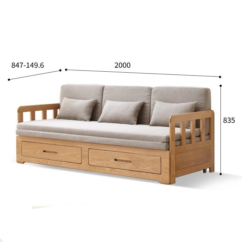 Solid Oak Wood Sofa Bed with Folding & Retractable Storage | Convertible Sleeper for Small Spaces, Guest Rooms & Apartments