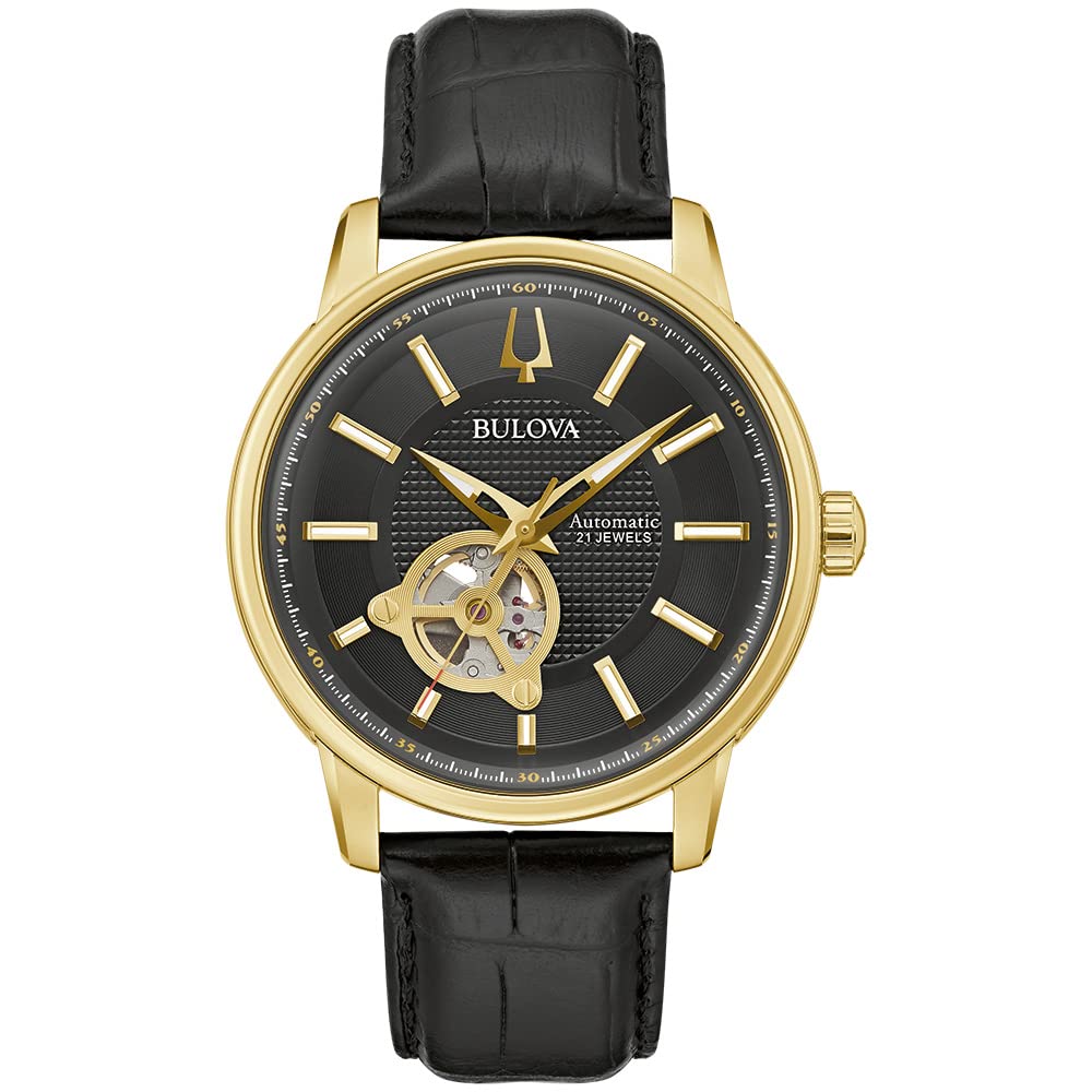 Bulova Men's Classic 3-Hand Automatic Watch with 21-Jewels Movement, Leather Strap, Luminous Hands & Markers, Hack Feature, Open Aperture & Exhibition Case Back - Perfect for Business, Formal Occasions & Everyday Wear (Model: 97A166)