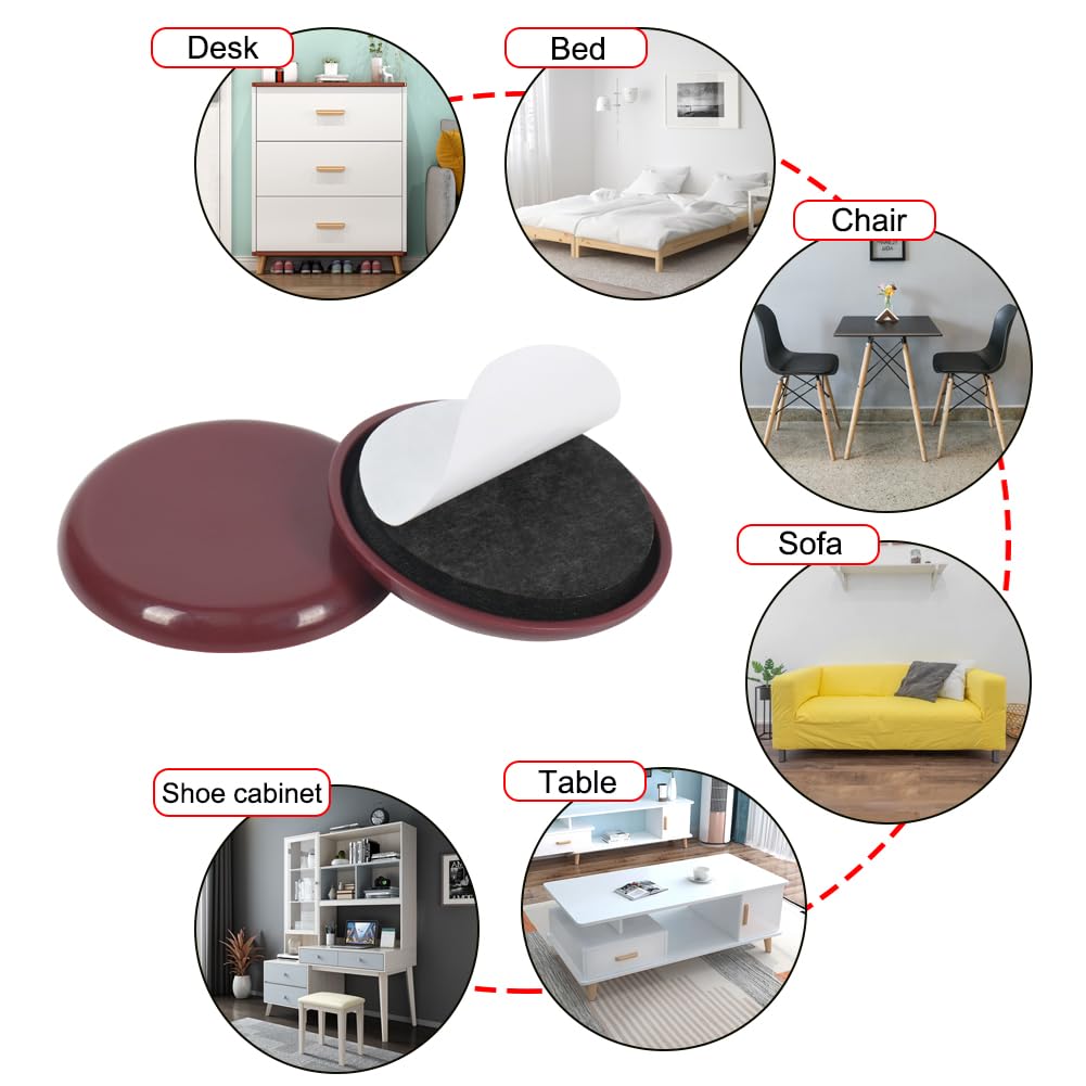 12pcs Heavy Duty 2 Inch Furniture Sliders - Self Adhesive Chair Gliders for Carpet & Hardwood Floors (Brown) | Easy Moving for Sofas, Tables & Home Furniture