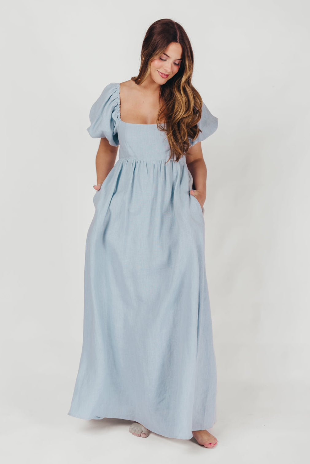 Candace Maxi Dress in Light Blue | 100% Linen Maternity Dress | Bump Friendly & Comfortable | Perfect for Summer, Beach, and Casual Outings