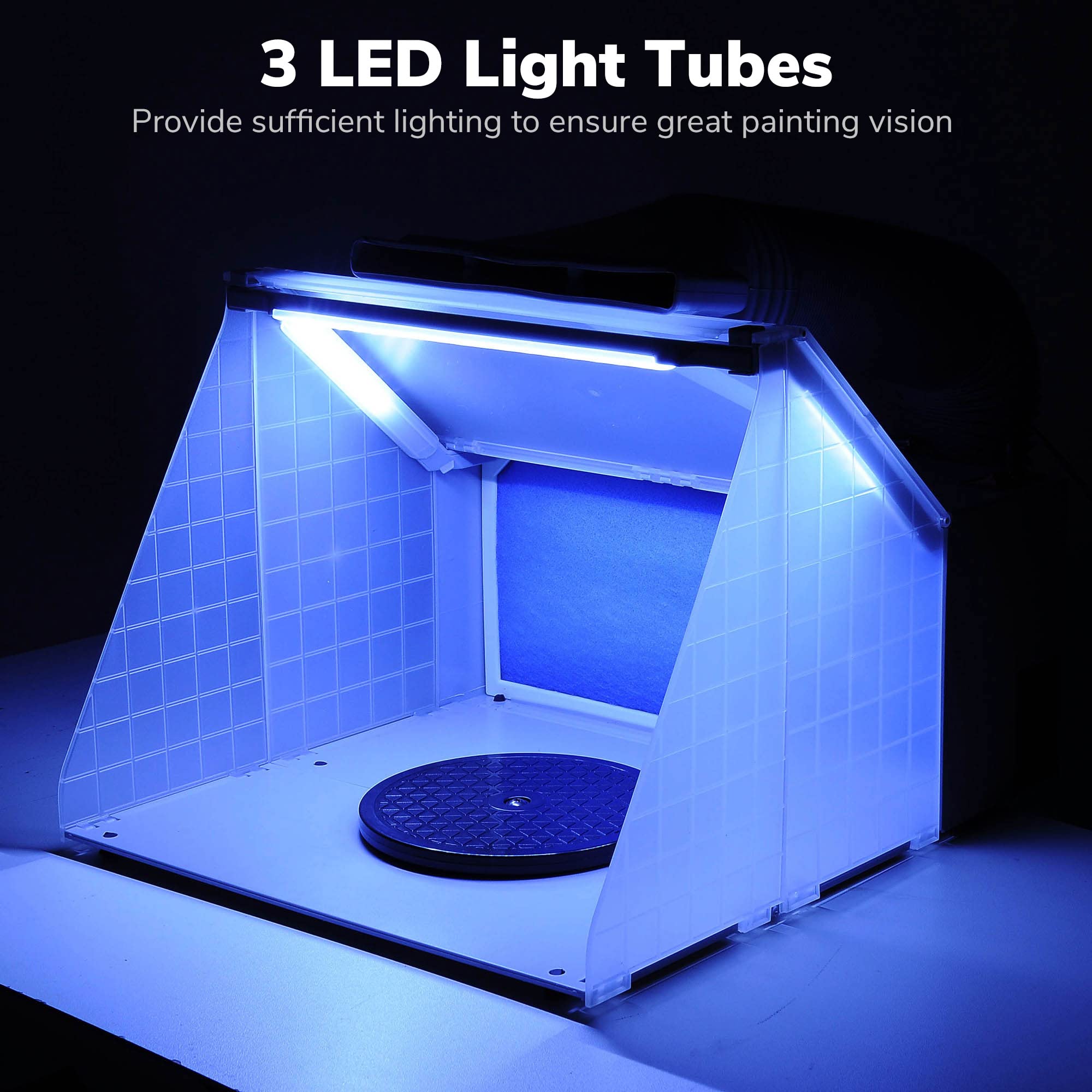 Professional Portable Airbrush Paint Spray Booth Kit with Turntable, 5.6' Hose & 3 LED Lights - Powerful Fan for Toy Model Painting, DIY Crafts, Miniature Art - Perfect for Hobbyists & US Delivery (LED Spray Booth + Hose)