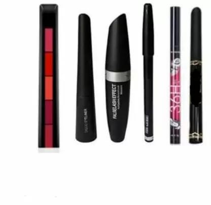 Gold Max Matte 5-in-1 Shade Lipstick Set with Eyebrow Pencil, Mascara, Liquid Eyeliner & Kajal - 6 Piece Makeup Kit for Everyday Glam & Party Looks