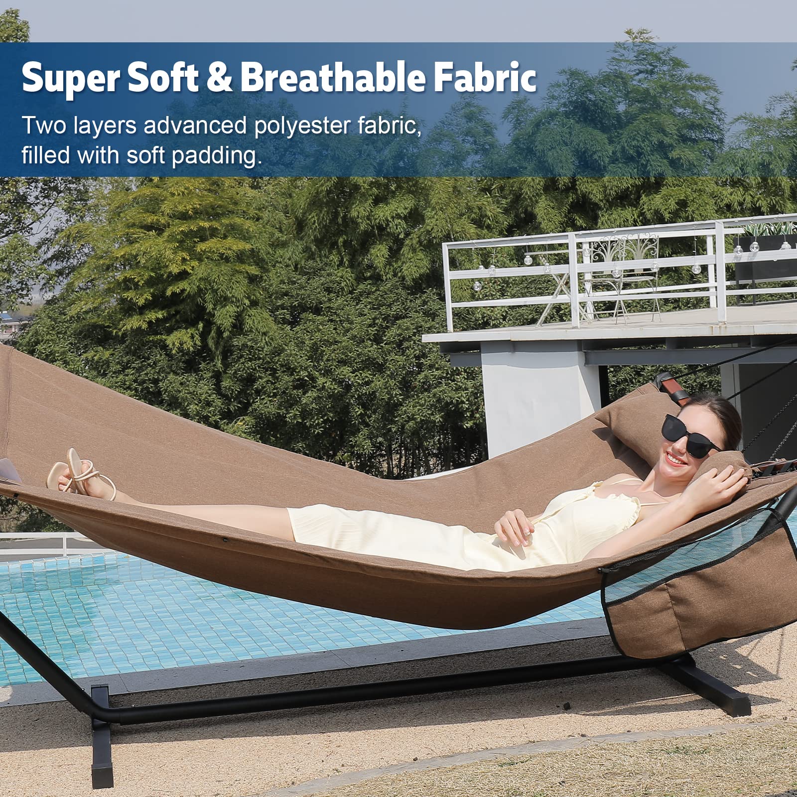 TegerDeger 12FT 2 Person Hammock with Stand - 450LB Capacity Large Outdoor Hammock (55 x 79IN) with Hardwood Spreader Bar & Durable Nylon Rope - Perfect for Patio, Garden, Backyard, Beach, Poolside Relaxation - Brown