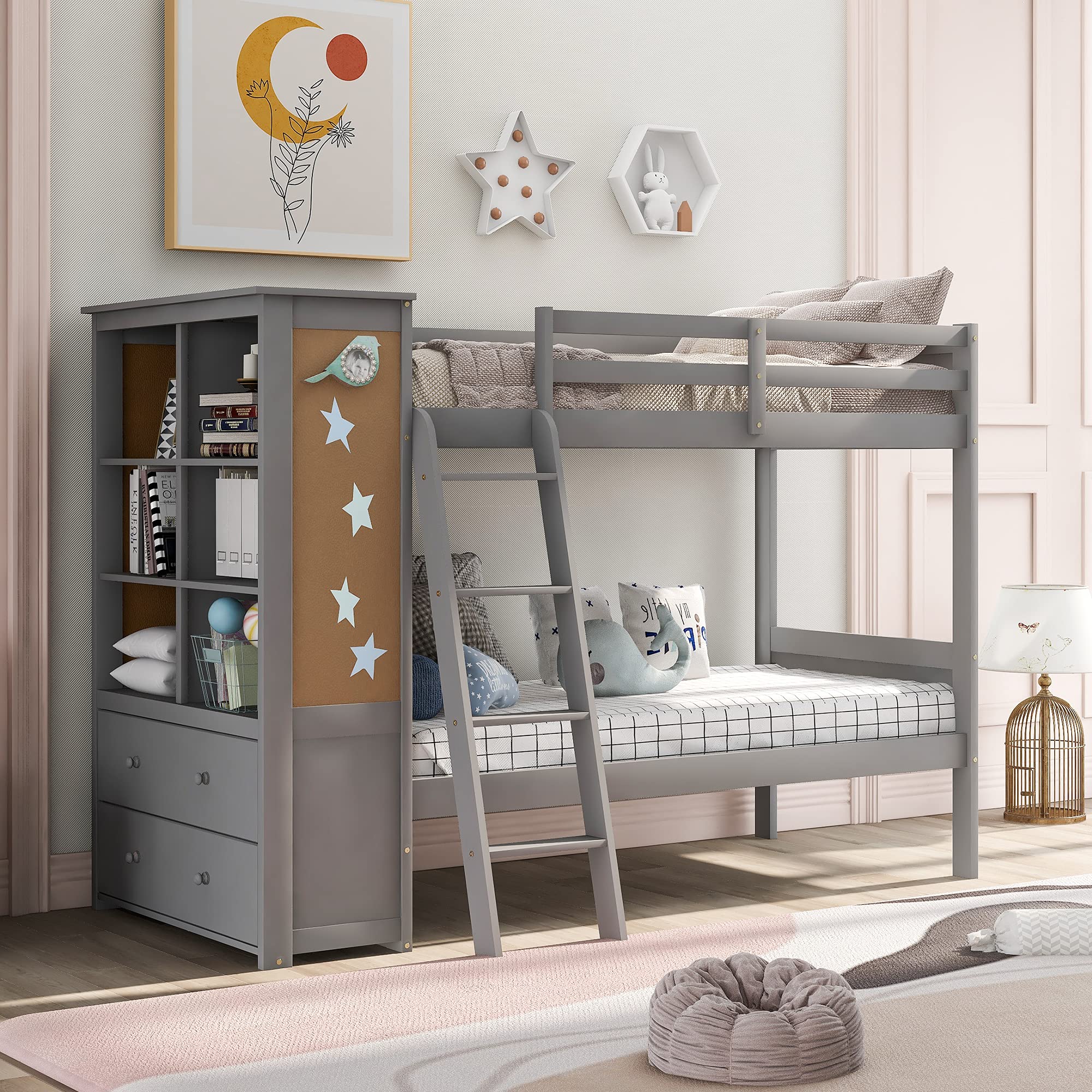 LZ LEISURE ZONE Twin Over Twin Bunk Bed with Bookcase & Storage - Full-Length Guardrails, Built-in Ladder, Shelves & Drawers - Space-Saving Kids Bedroom Furniture (Gray) - Perfect for Small Rooms, Shared Kids' Bedrooms & Vacation Homes