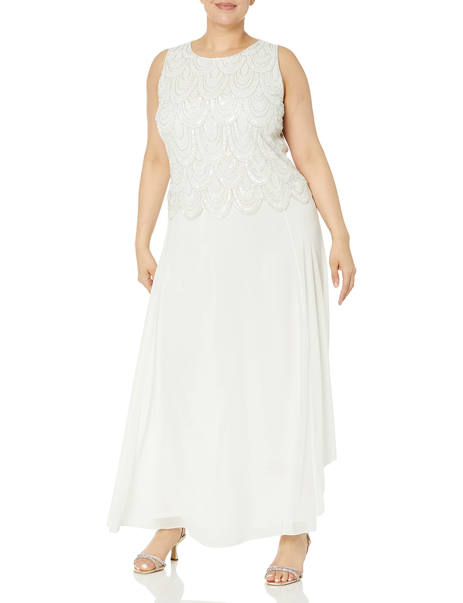 J Kara Women's Plus Size Sleeveless Beaded Maxi Dress with Detachable Scarf - Elegant Evening Gown for Weddings, Parties & Special Occasions