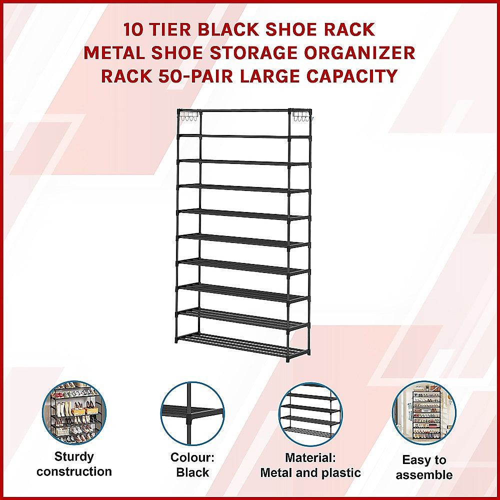 10-Tier Black Metal Shoe Rack Organizer - Large Capacity Storage for 50 Pairs of Shoes - Perfect for Closet, Entryway, and Bedroom Organization