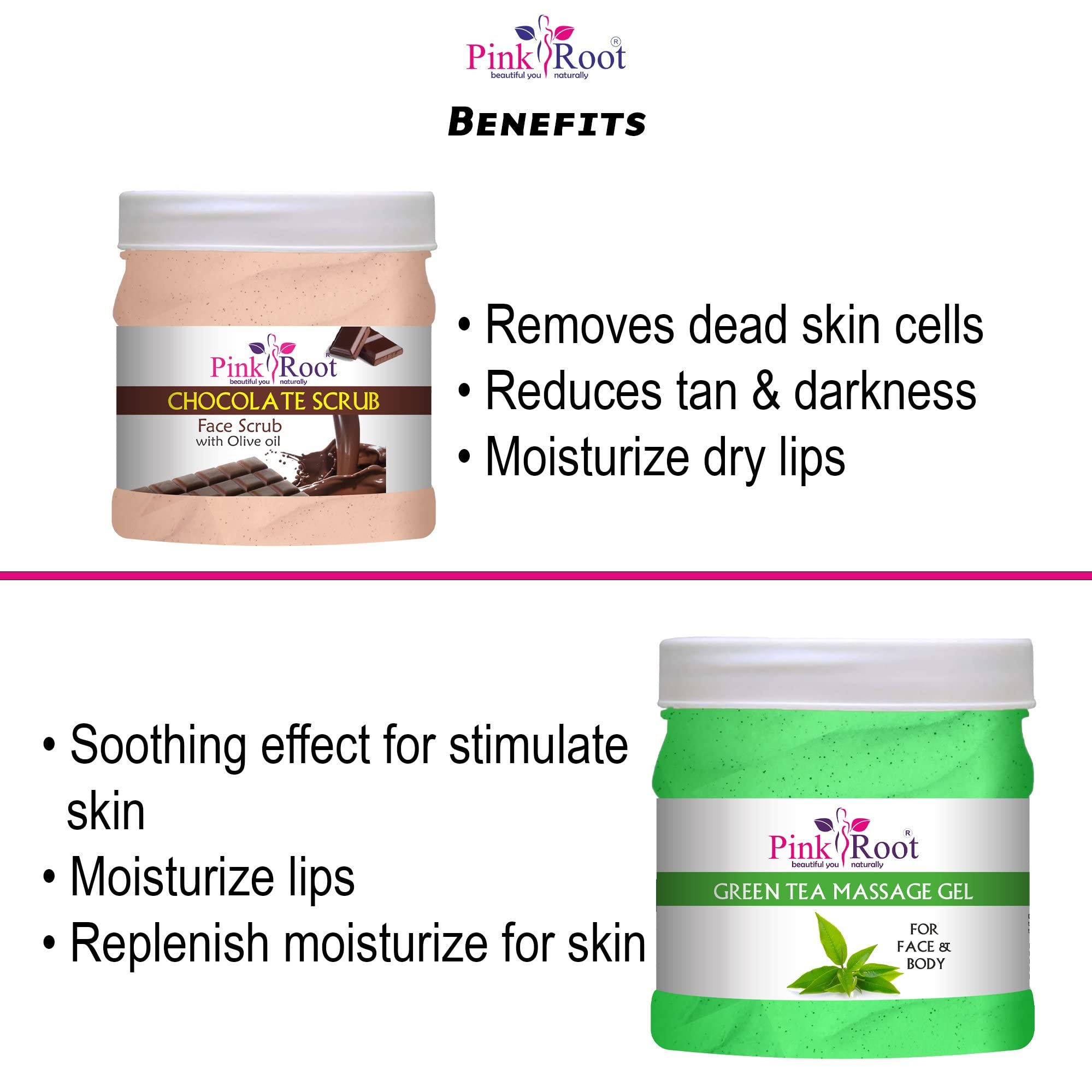 Organic Pink Root Green Tea Massage Gel & Chocolate Body Scrub Set - 500ml Each - Relaxing Spa Treatment for Stress Relief & Skin Exfoliation - Perfect for Home Spa Days, Couples Massage & Self-Care Routines