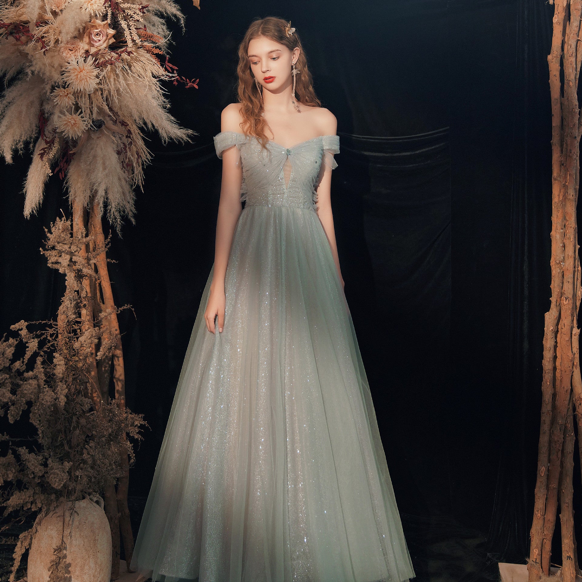 Elegant Off Shoulder Light Green Gray Prom Dress with Tulle Skirt - Long Formal Evening Gown for Homecoming, Wedding Party & Special Occasions