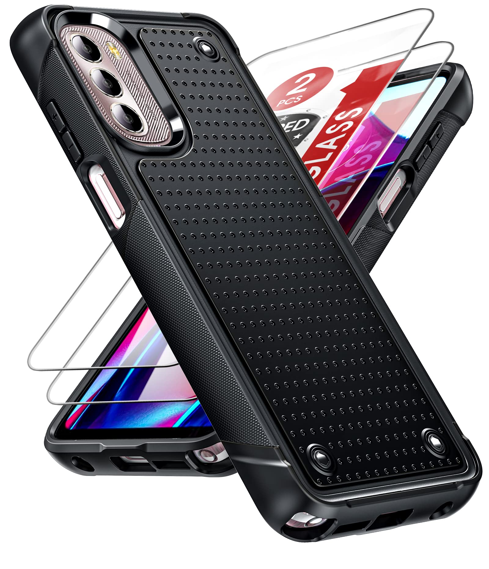 LeYi Shockproof Dual Layer Protective Case for Moto G Stylus 4G 2022 (Black) - Includes 2 Pack Screen Protectors, Hard PC Textured Back & Soft Bumper Cover - Perfect for Daily Use, Work, and Outdoor Activities