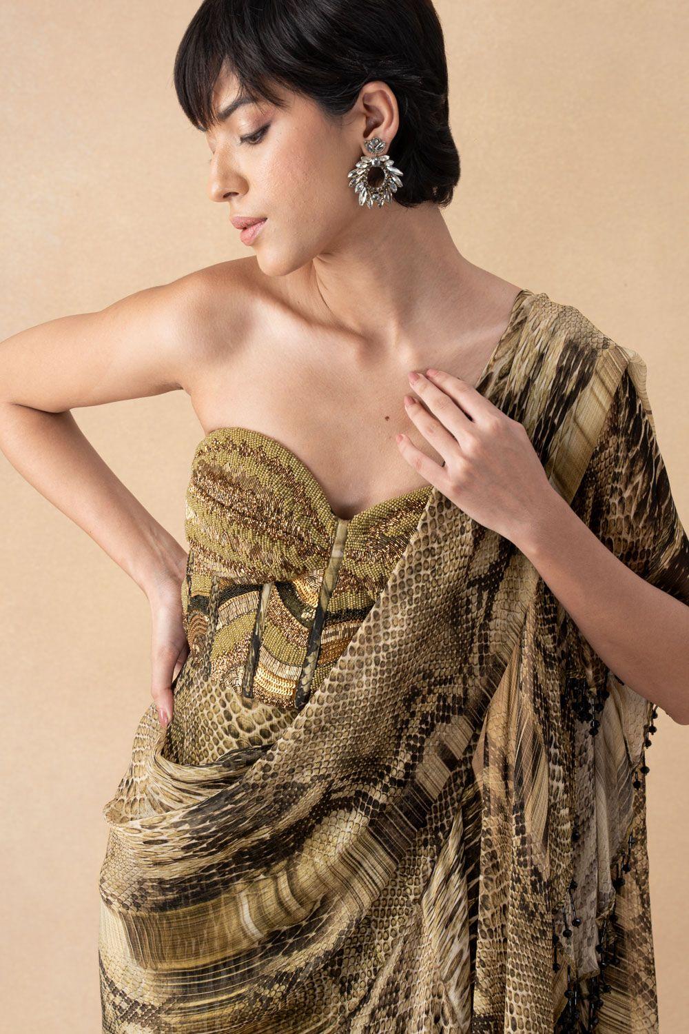 Elegant Green Python Print Ruffle Saree & Blouse Set for Women | Indian Traditional Party Wear | Perfect for Weddings, Festivals & Special Occasions