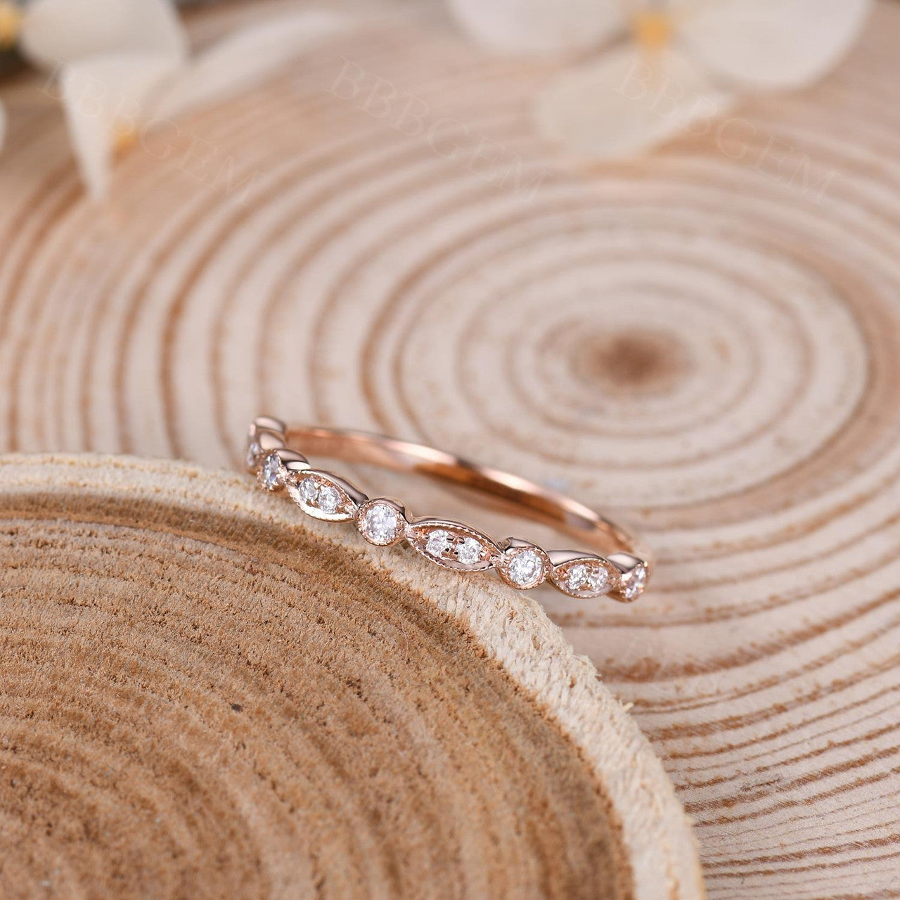 Moissanite Wedding Band for Women - 14K/18K Rose Gold Half Eternity Ring with Marquise Cut Stones | Elegant Bridal Jewelry, Anniversary Gift, Engagement Ring Alternative