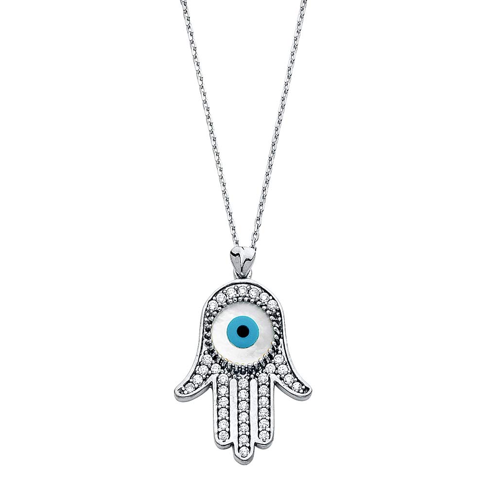 14K White Gold CZ Cubic Zirconia Evil Eye Hamsa Necklace for Women - Simulated Diamond Pendant Jewelry Gift for Birthday, Anniversary & Protection Amulet