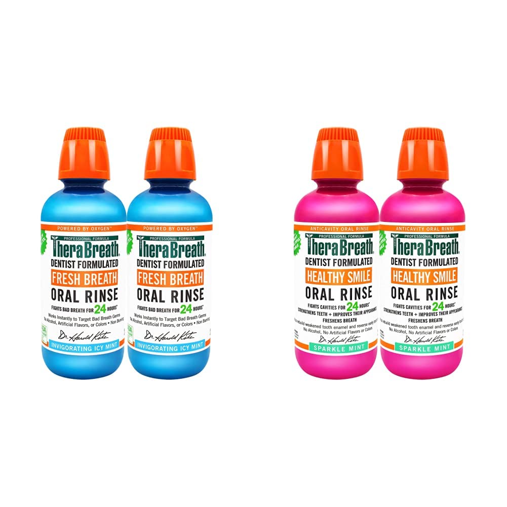 TheraBreath Fresh Breath Oral Rinse - Icy Mint Flavor, 16 oz (Pack of 2) | Dentist Formulated Mouthwash for 24 Hour Protection Against Bad Breath | Ideal for Daily Oral Care, Travel & Post-Meet Freshness