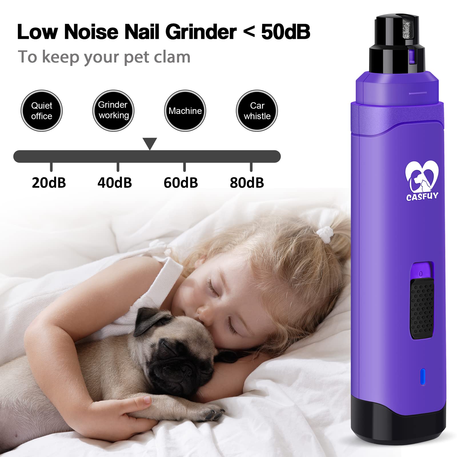 Casfuy Upgraded Dog Nail Grinder - Professional 2-Speed Electric Pet Nail Trimmer for Small, Medium & Large Dogs & Cats | Rechargeable, Painless Paws Grooming & Smoothing | Perfect for Home Grooming & Pet Spa Days (Purple)