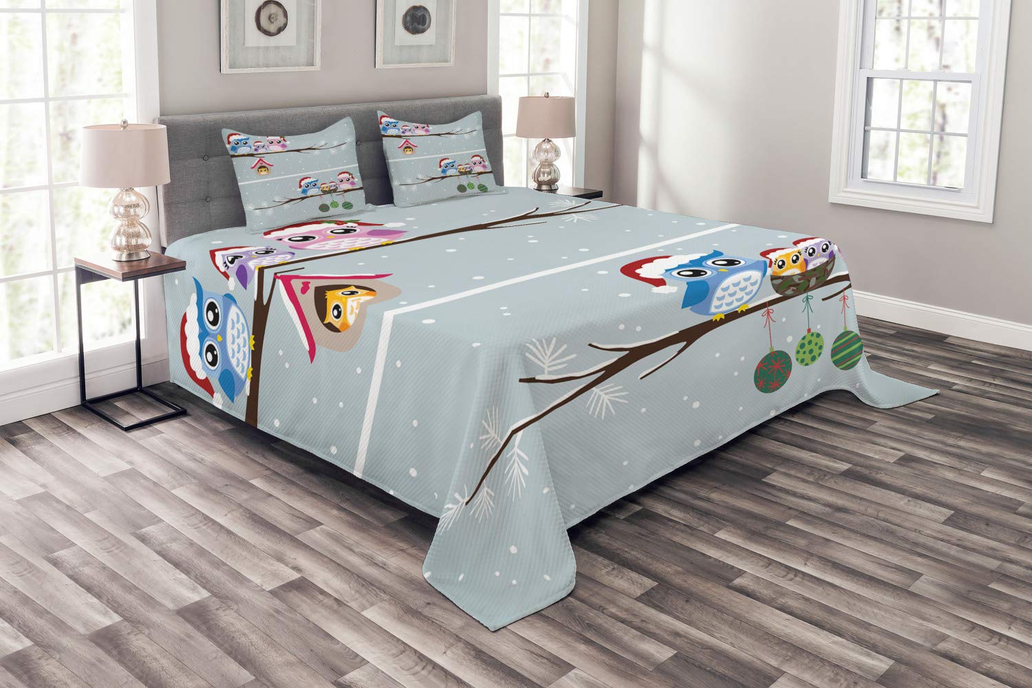 Ambesonne Christmas Bedspread Set - Owl Family with Santa Hats on Snowy Tree Branch Print, 3-Piece King Size Bedding (Coverlet + 2 Pillow Shams) in Grey | Cozy Winter Home Decor for Holiday Season