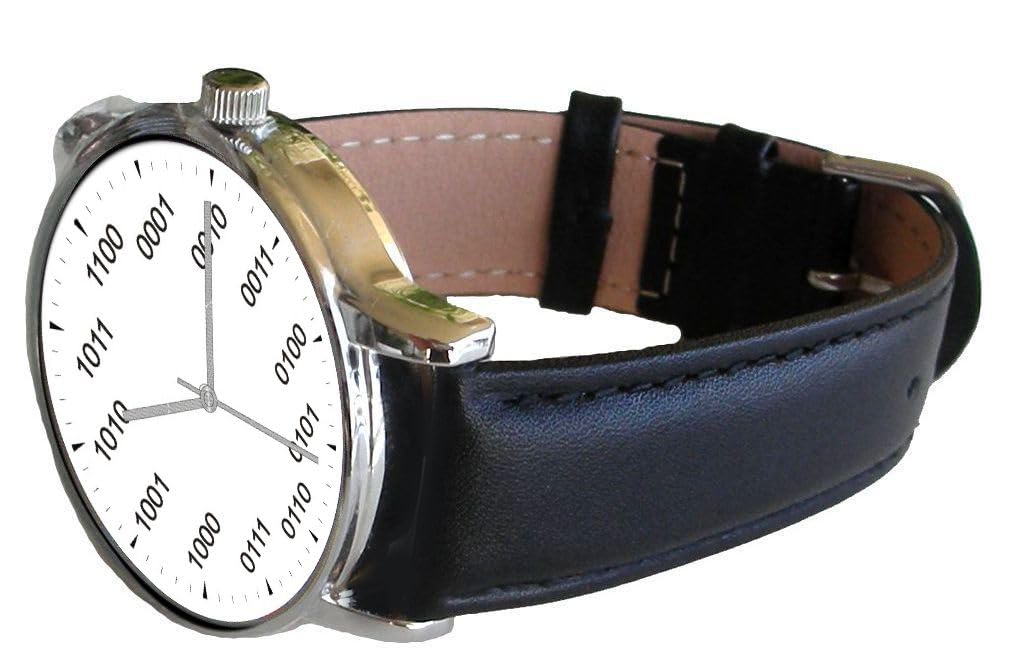 Binary Dial Geek Watch - Chrome & Black Leather for Tech Enthusiasts