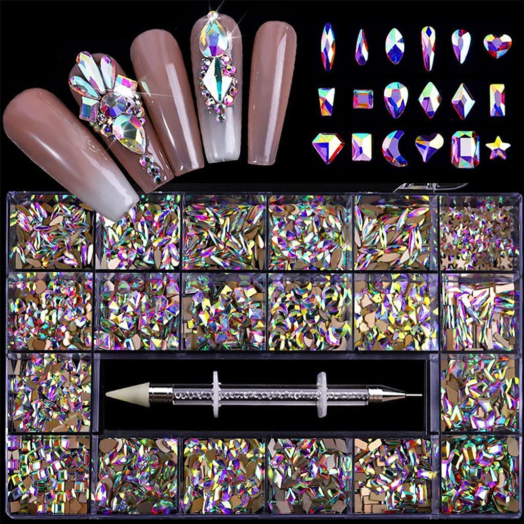 VERONNI Professional AB Crystal Rhinestones for Nail Art - Multi Shape Glass Gems with Wax Pen, Mix Sizes Nail Decorations in Storage Box | Perfect for DIY Manicure, Nail Salon, Wedding & Party Nail Designs