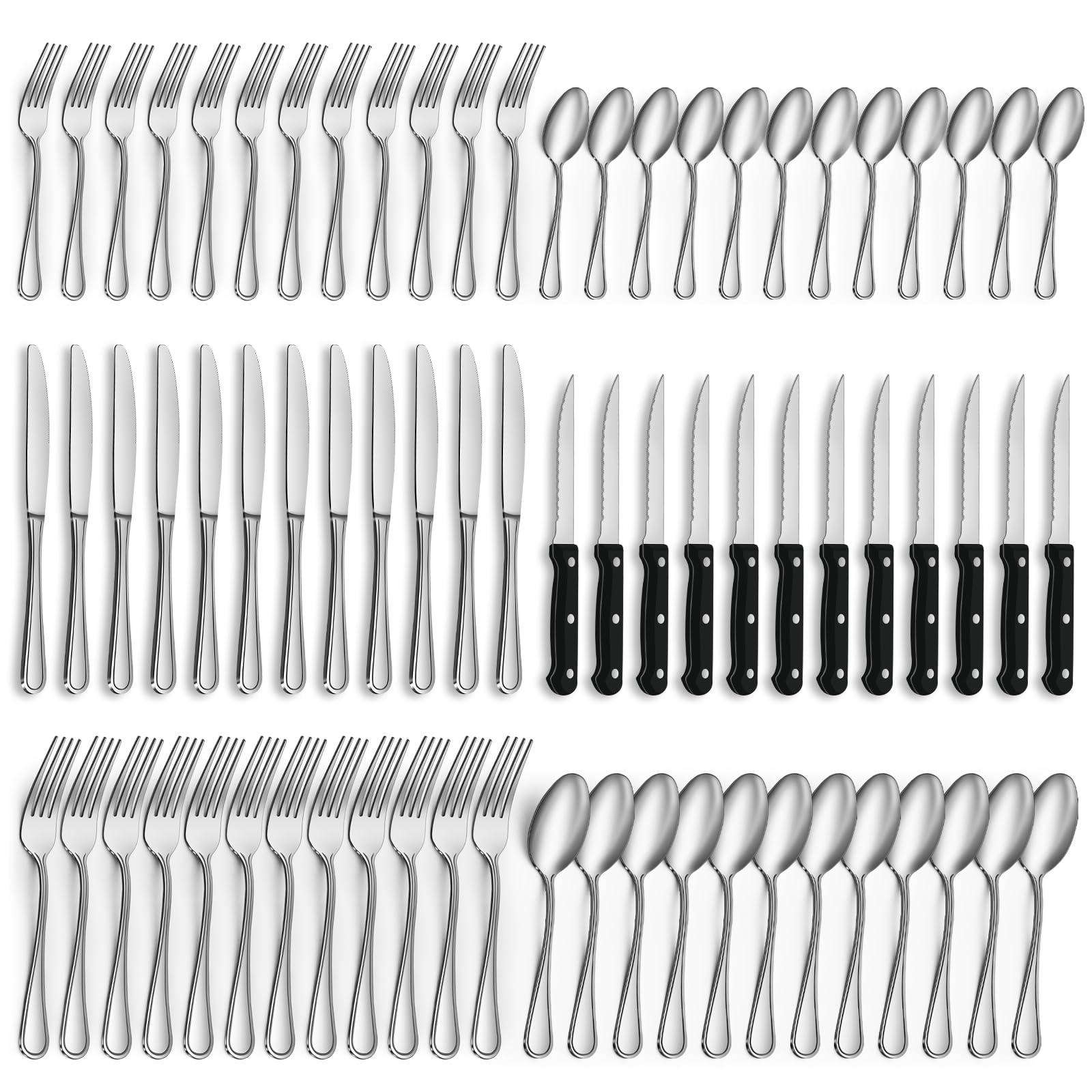 72-Piece Stainless Steel Silverware Set - Service for 12 with 12 Steak Knives, Mirror Polished Flatware Set (Spoons, Forks, Knives) - Dishwasher Safe & Stylish Design - Perfect for Dinner Parties, Weddings, and Everyday Dining
